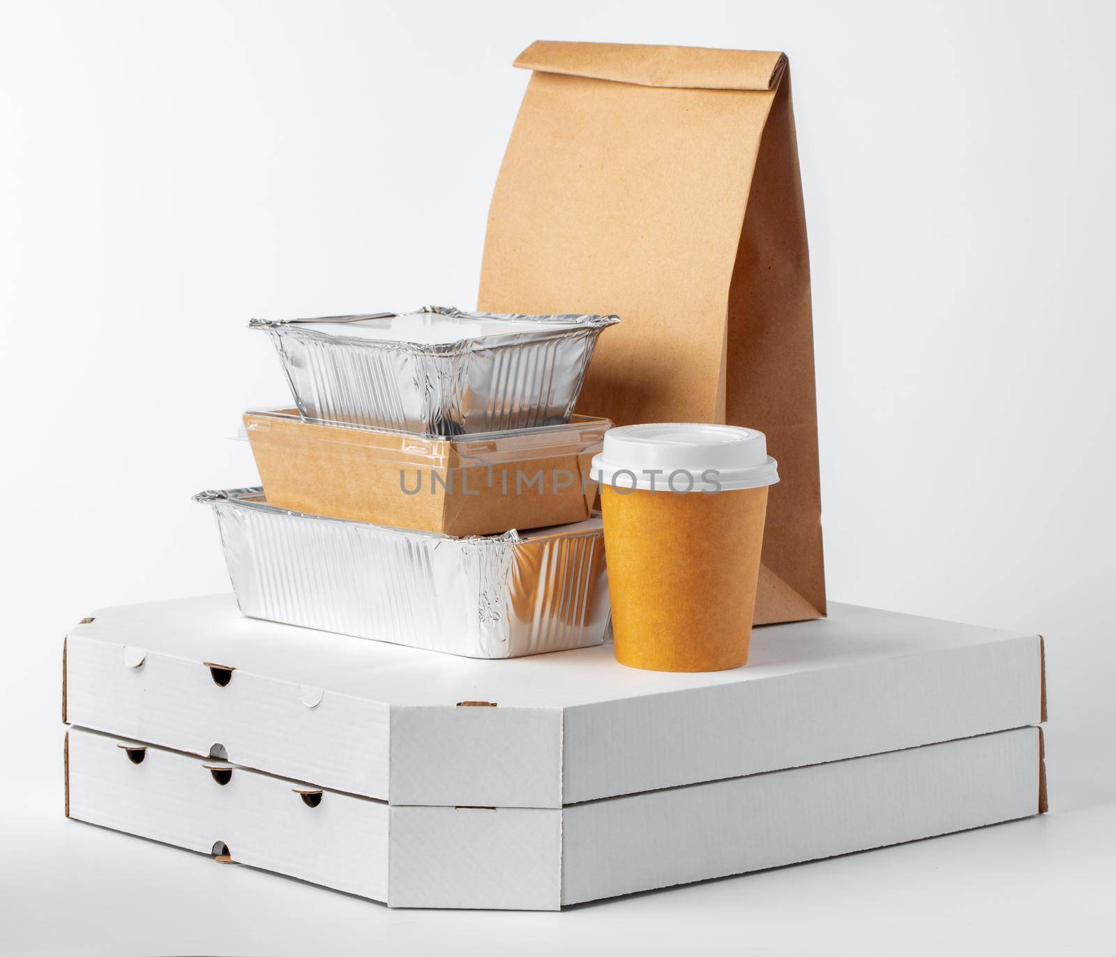 Set of recyclable food packaging on white background close up