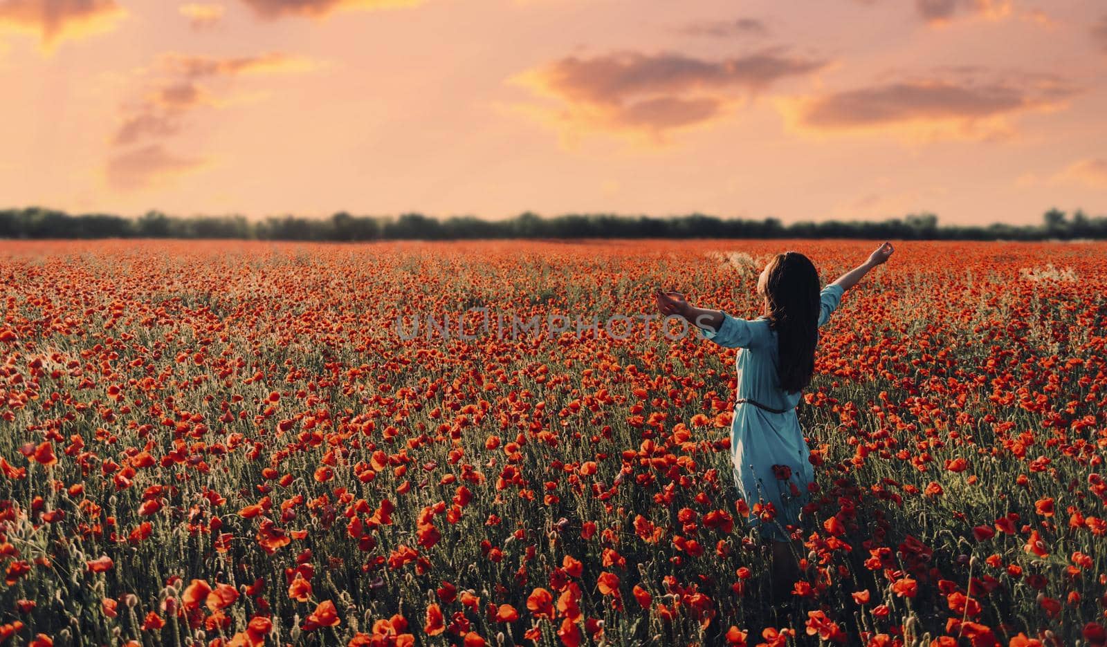 Brunette young woman with long hair relaxing with raised arms in poppy flower meadow at sunset in summer.
