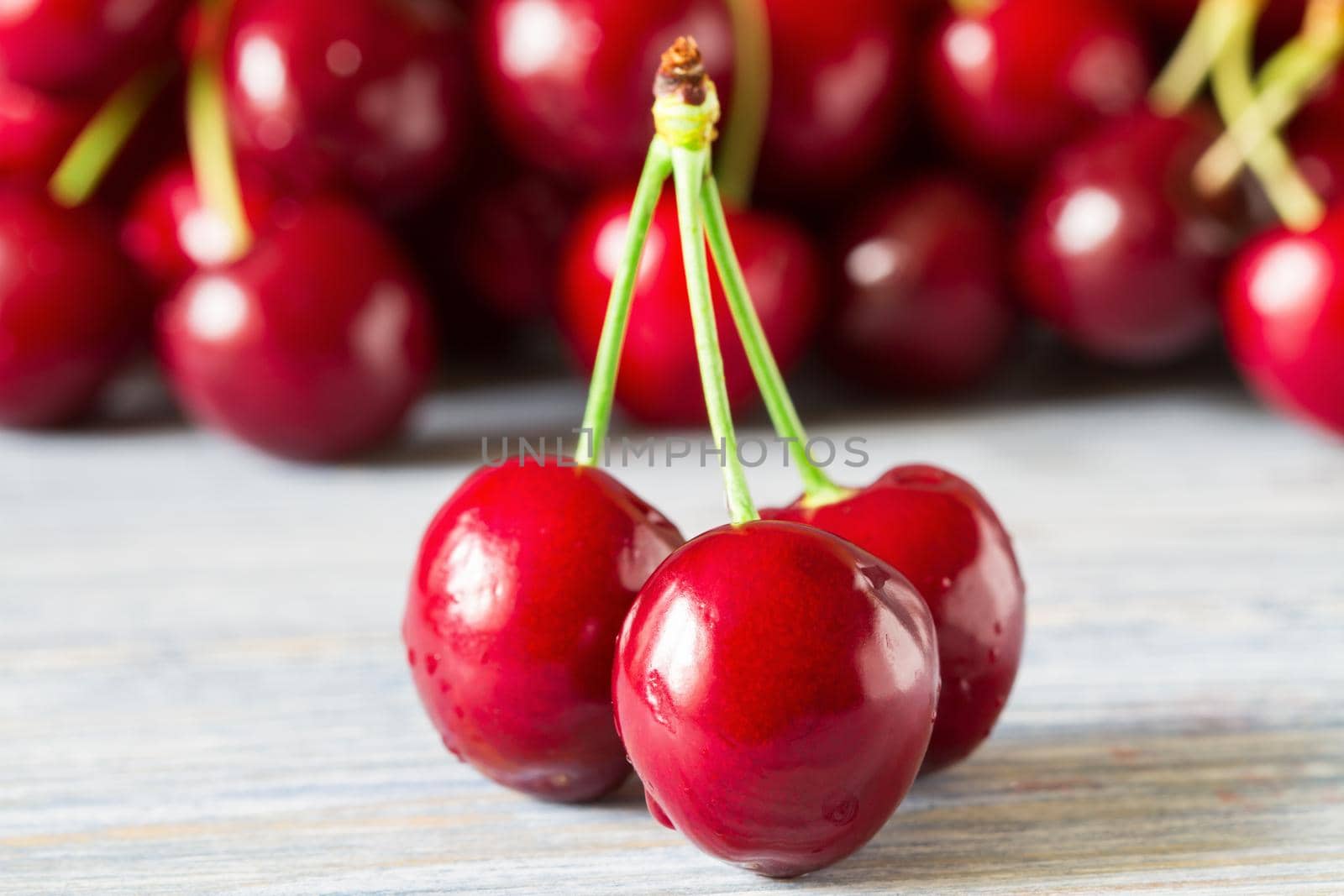 Fresh red ripe of cherries in the foreground and a bunch of cherries in the background. Selective focus