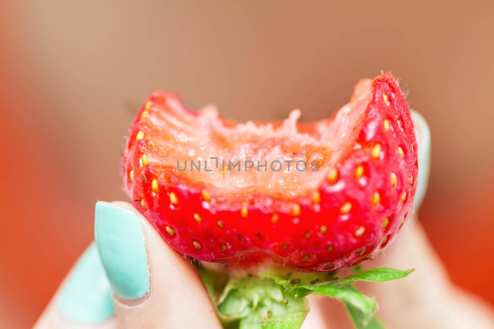 Woman holding fresh ripe strawberry in fingers. Selective focus