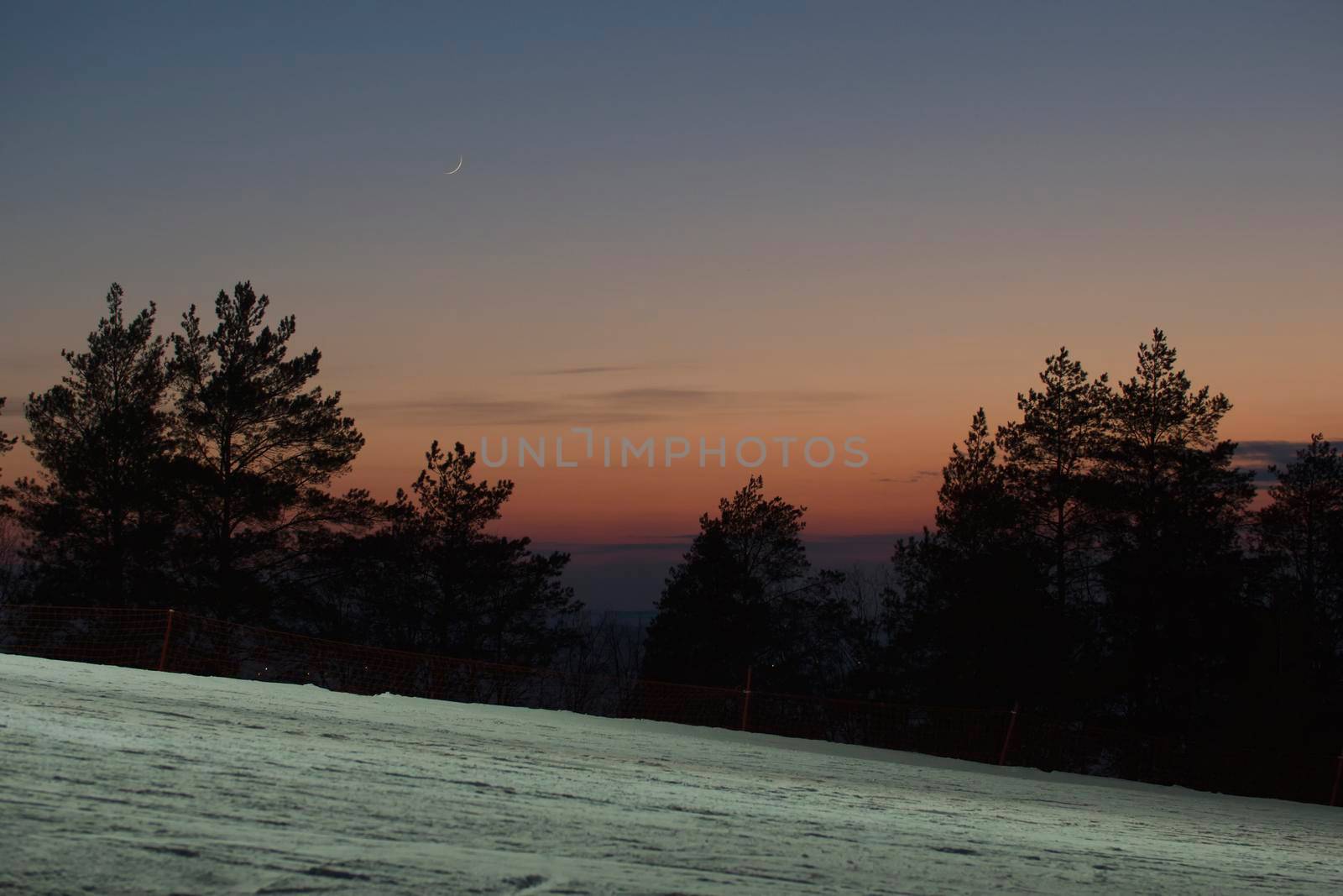 Sunset landscape on ski resort in Russia, wide angle