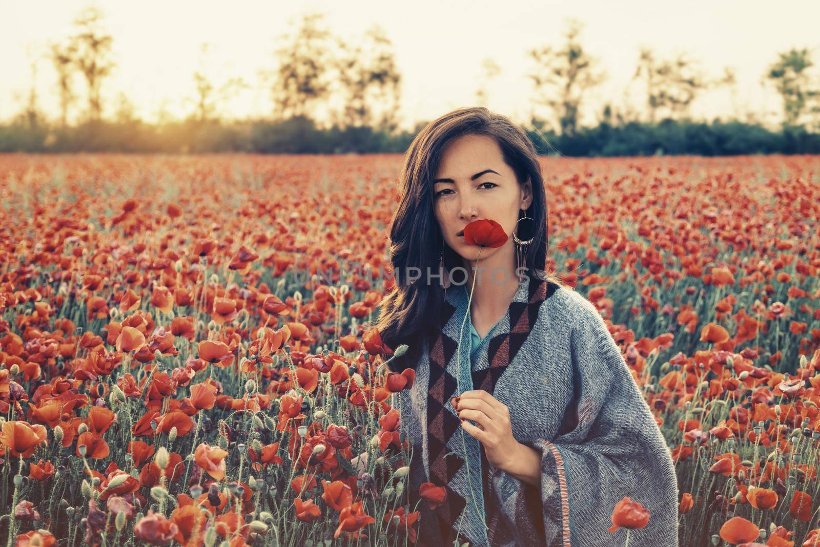Fashionable beautiful brunette young woman holding red poppy near her face in flower field, looking at camera.