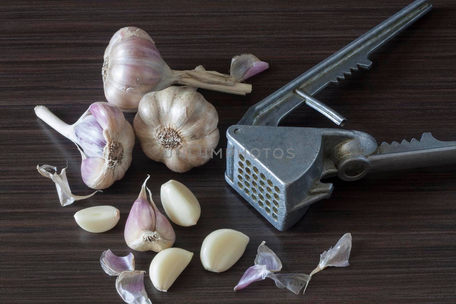 Garlic and garlic chopper on a dark background