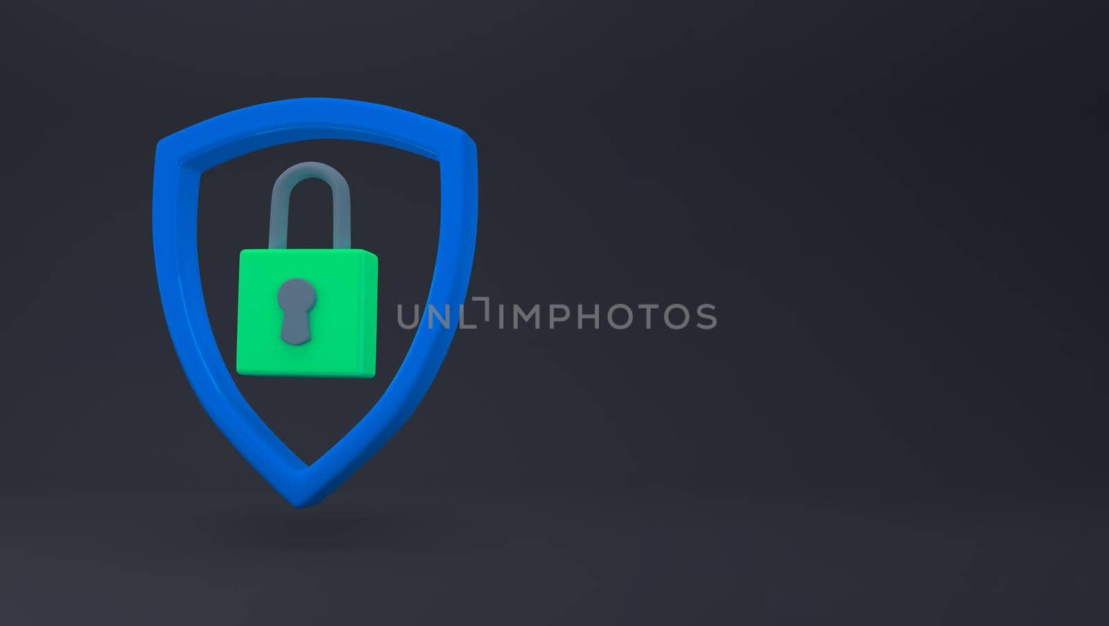 Padlock in shield sign. Security, safety, protection, privacy concept. Minimalism concept. 3d illustration 3D render