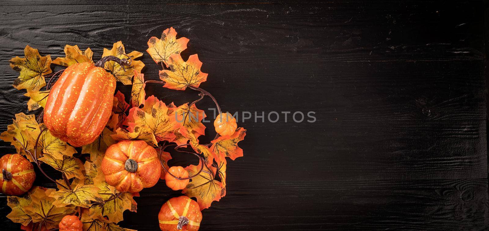 Halloween concept. Autumn decorations with pumpkins and leaves top view on black backgound with copy space. Banner