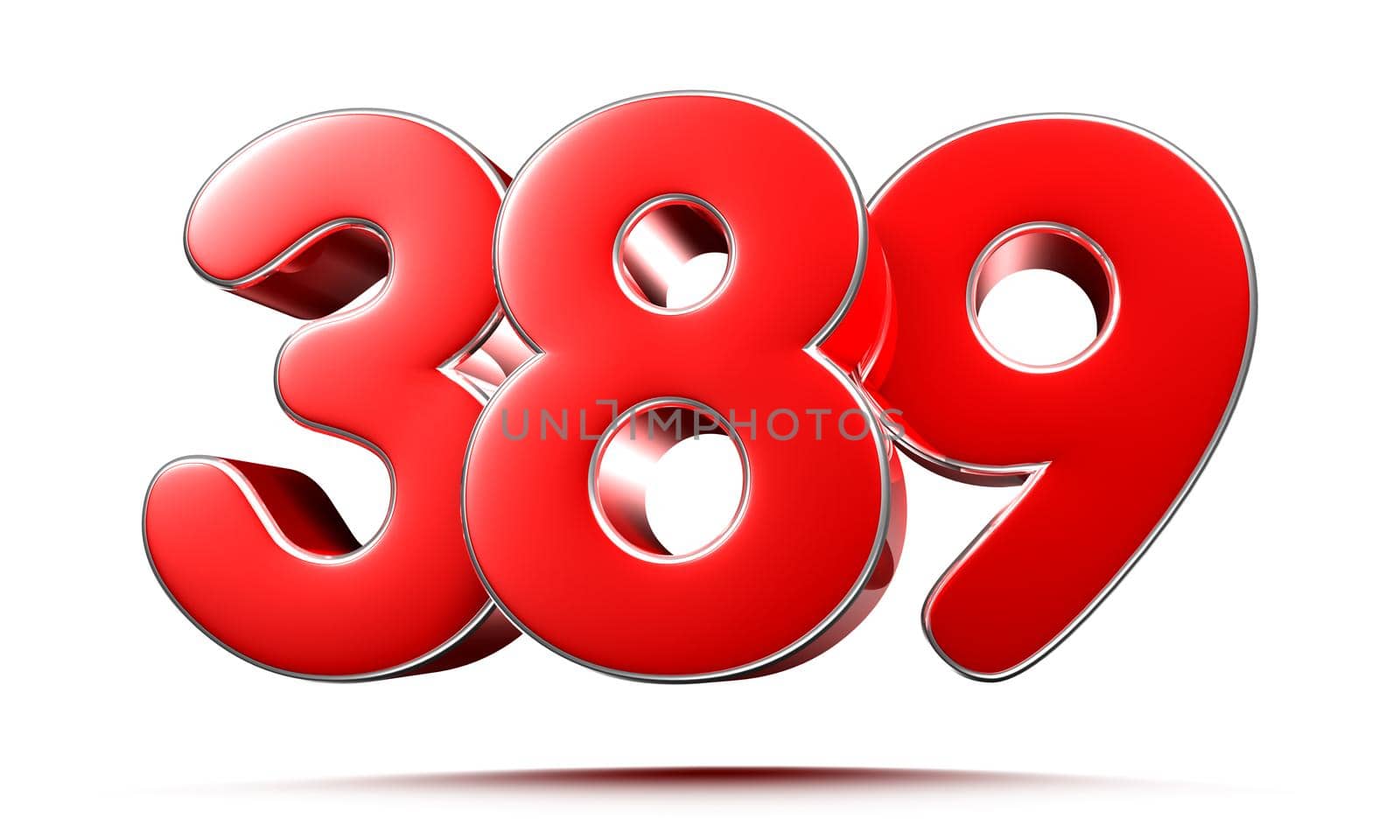 Rounded red numbers 389 on white background 3D illustration with clipping path
