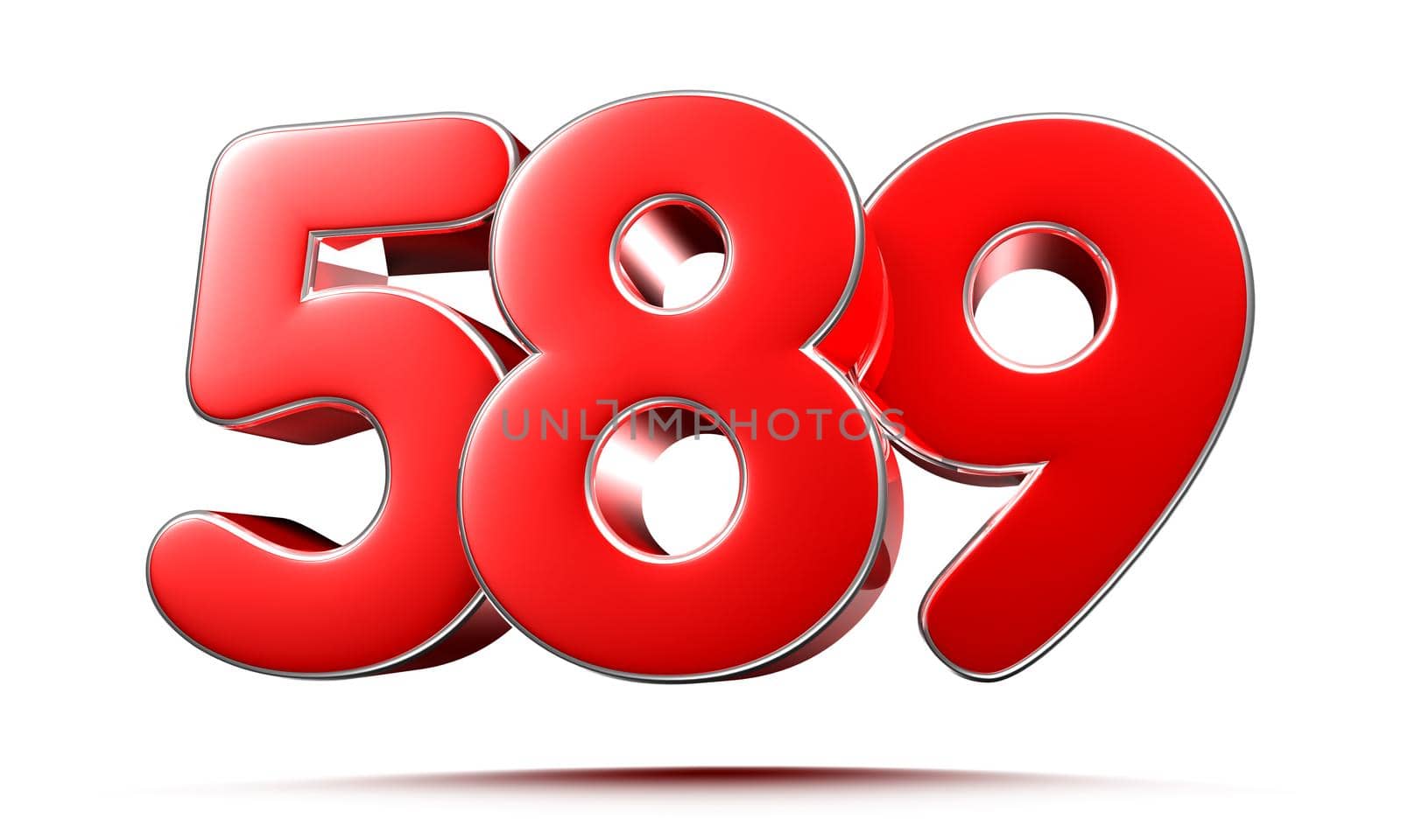 Rounded red numbers 589 on white background 3D illustration with clipping path