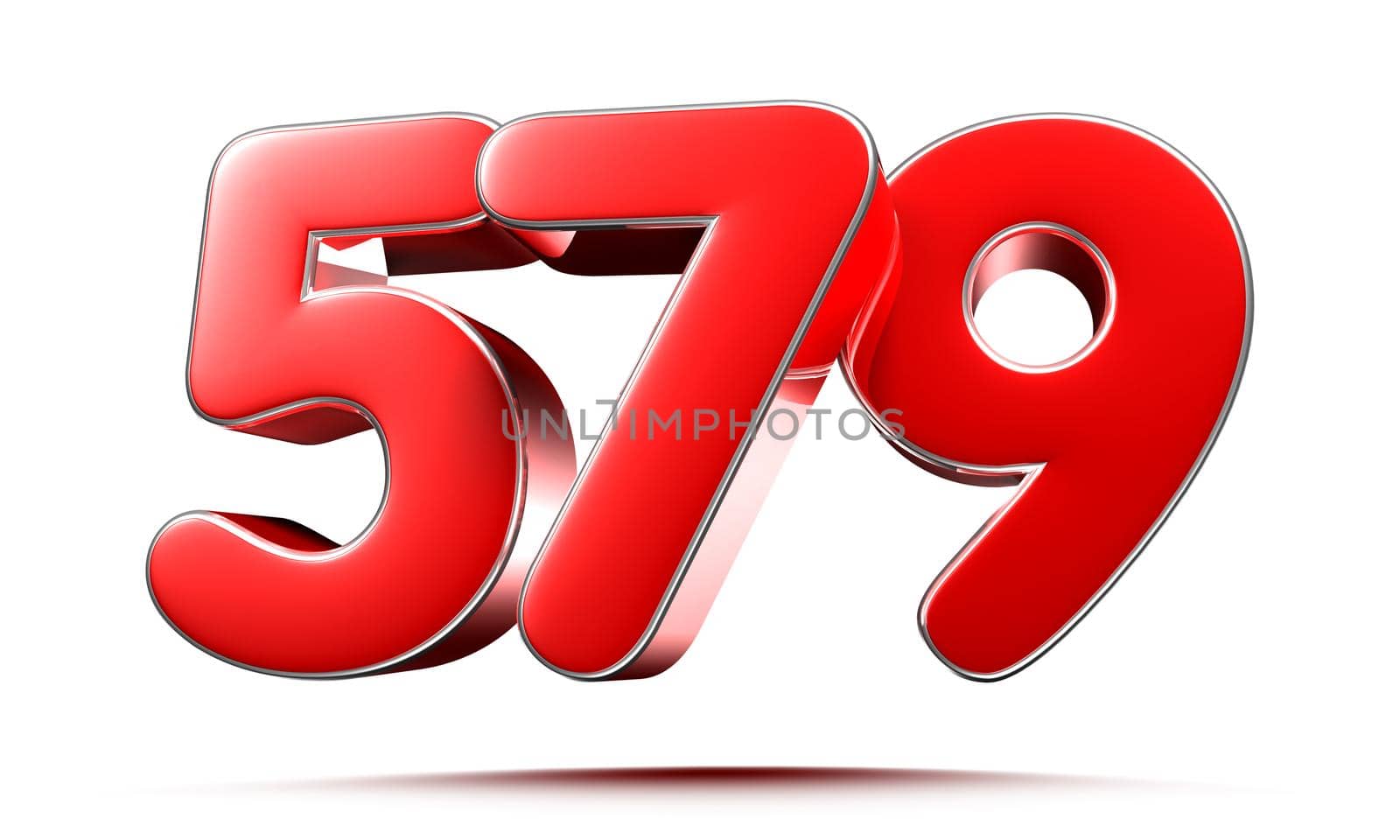 Rounded red numbers 579 on white background 3D illustration with clipping path