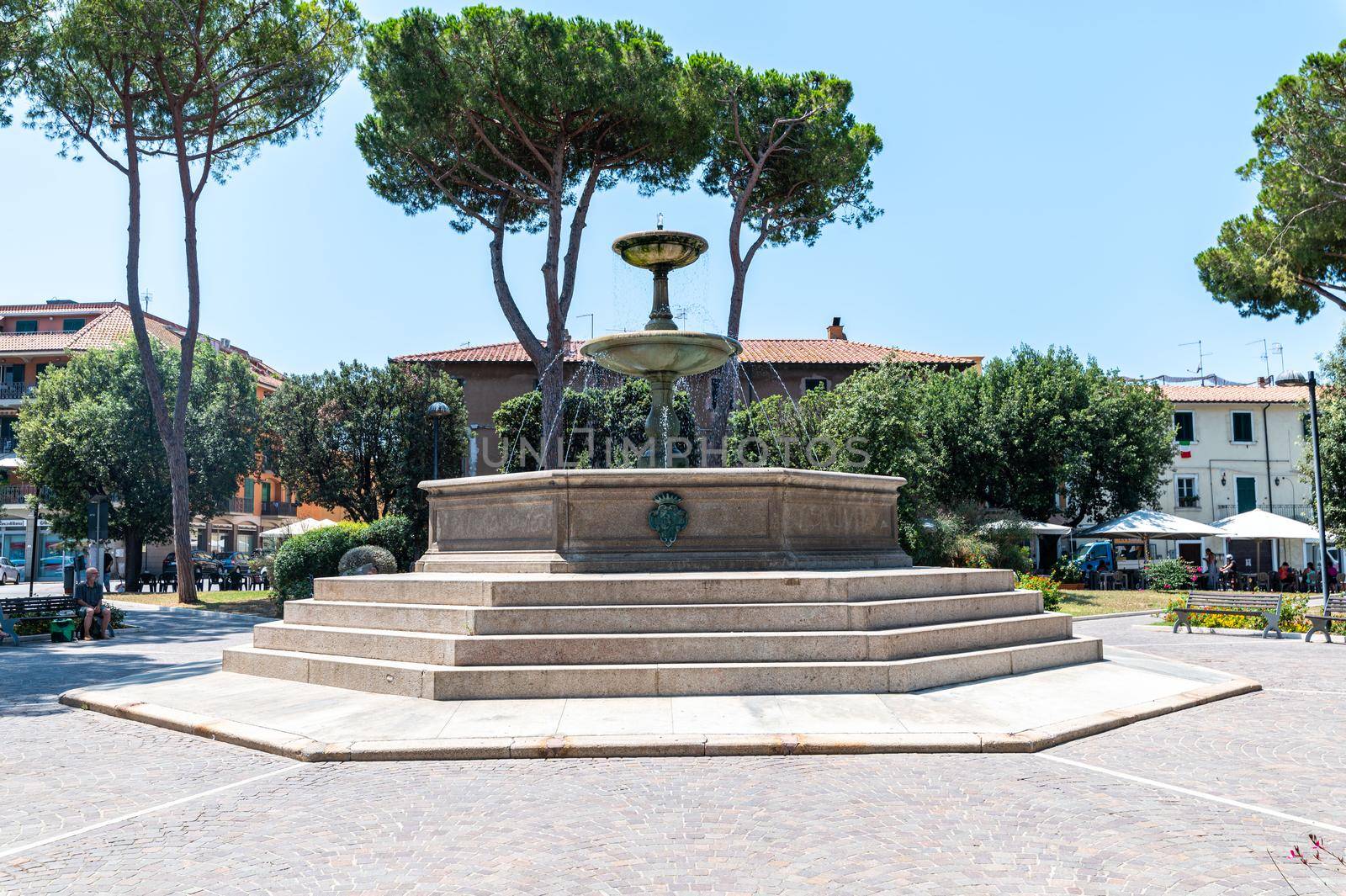 orbetello,italy july 24 2021:public gardens the fountain of orbetello