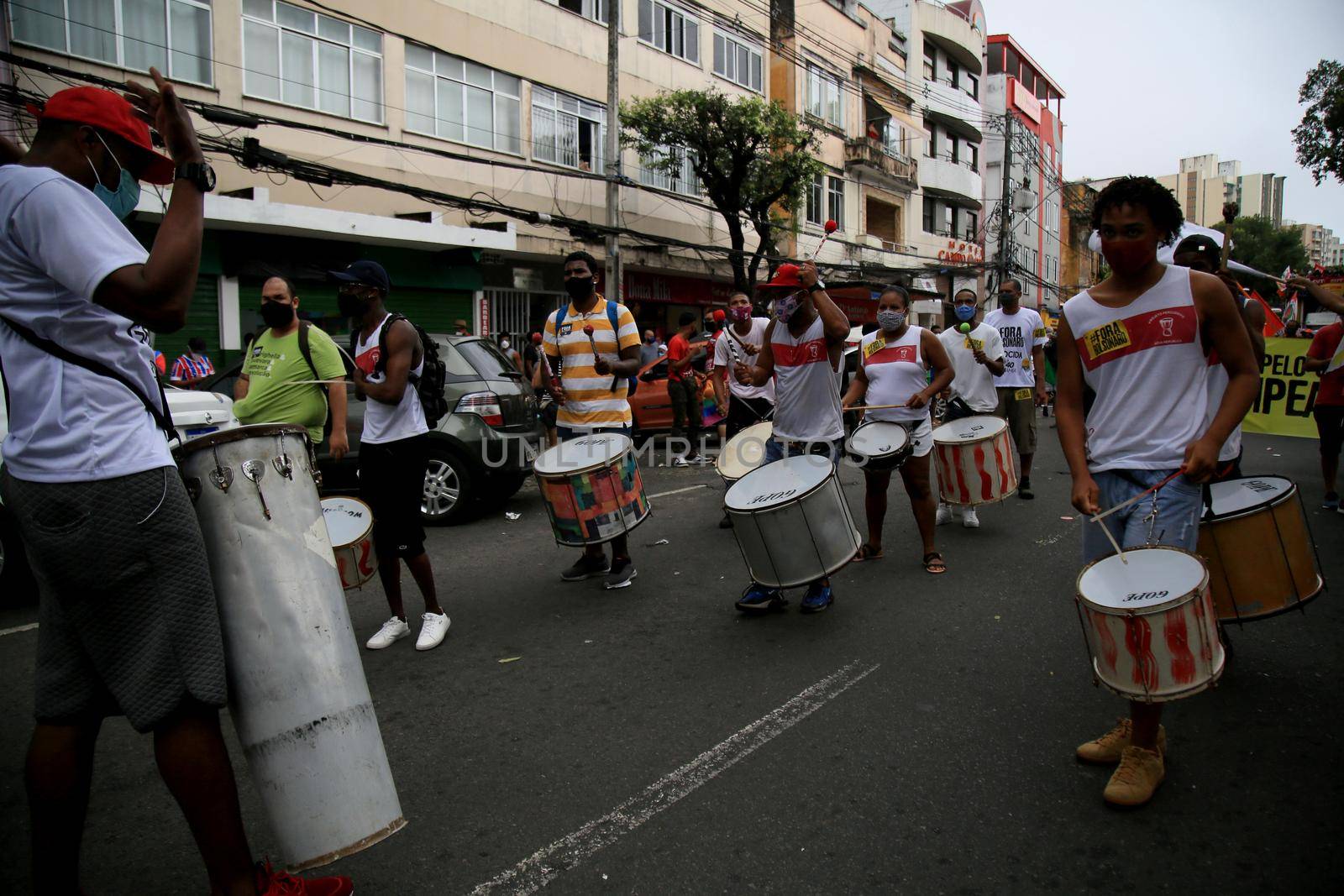 salvador, bahia, brazil - july 24, 2018:protester use drums from a percussion during protest against the government of president Jair Bolsonaro in the city of Salvador.