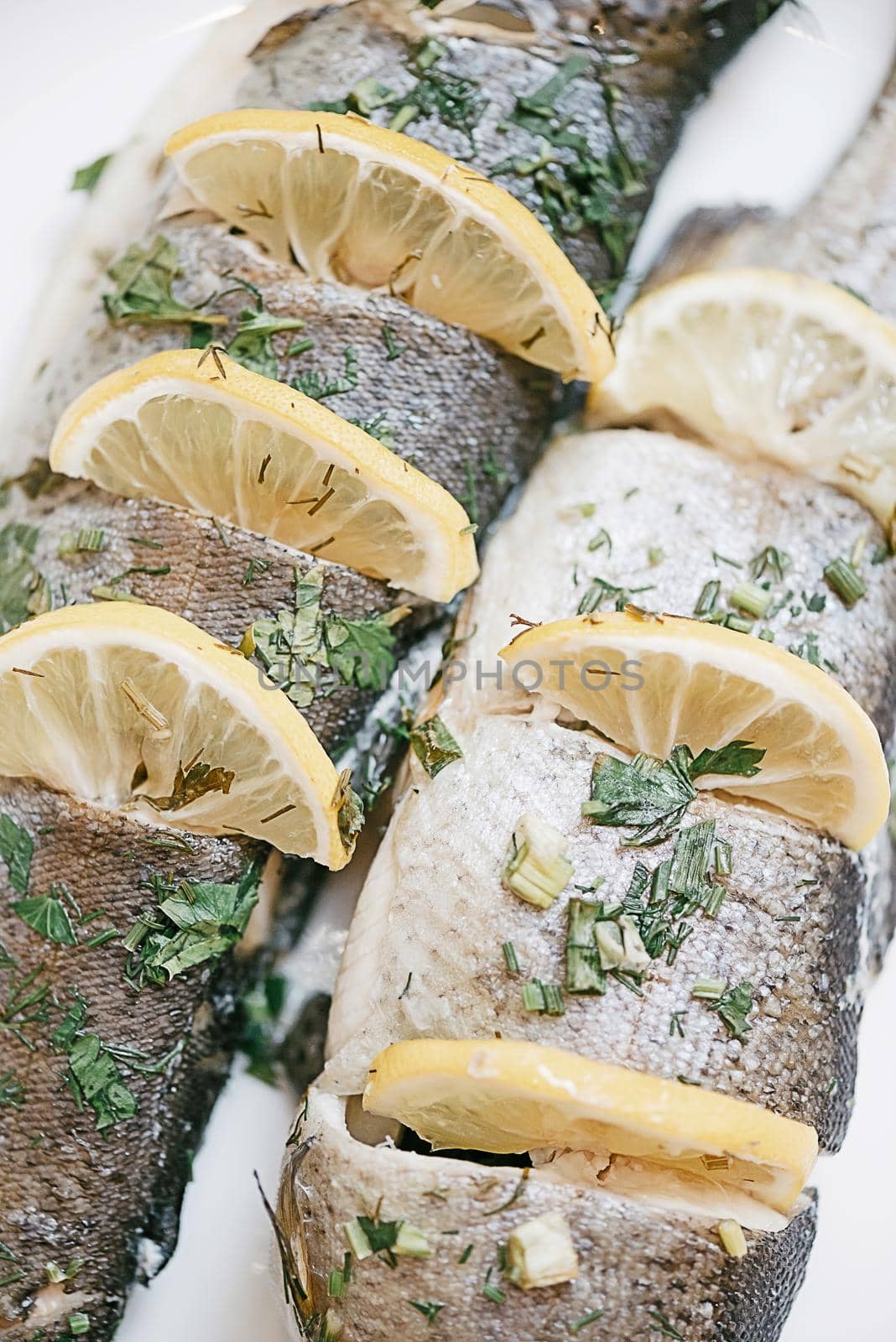 Baked fish trout dish with lemons and greenery, close-up top view.