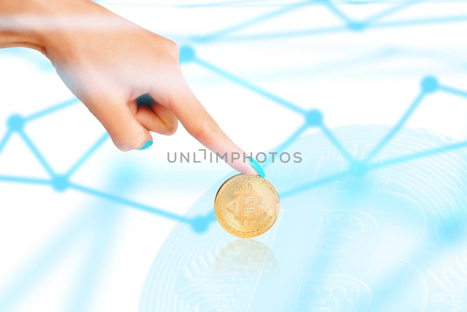 Female hand pointing to bitcoin, blockchain concept. by alexAleksei