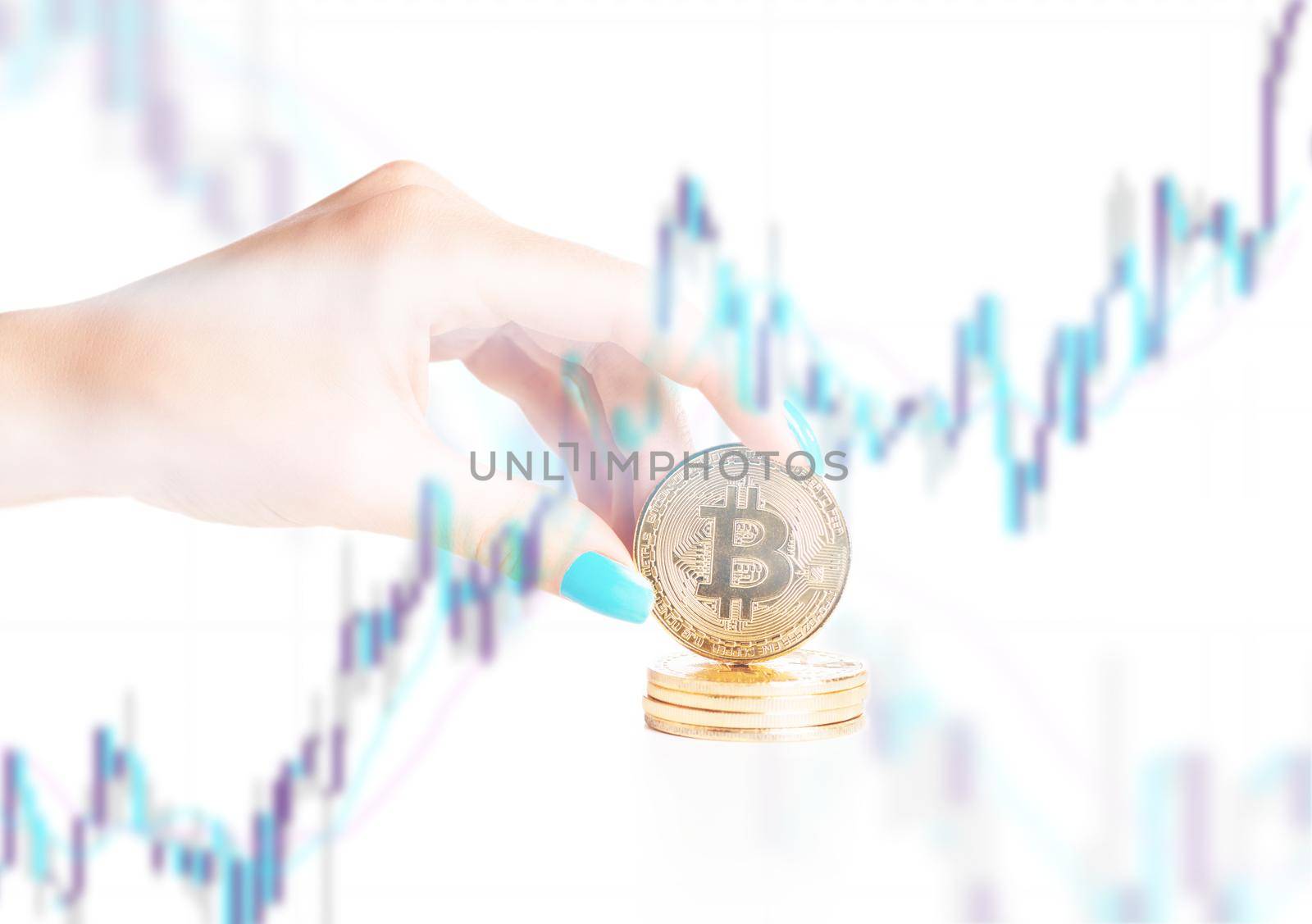 Growth infographic in front of female hand with bitcoins. by alexAleksei