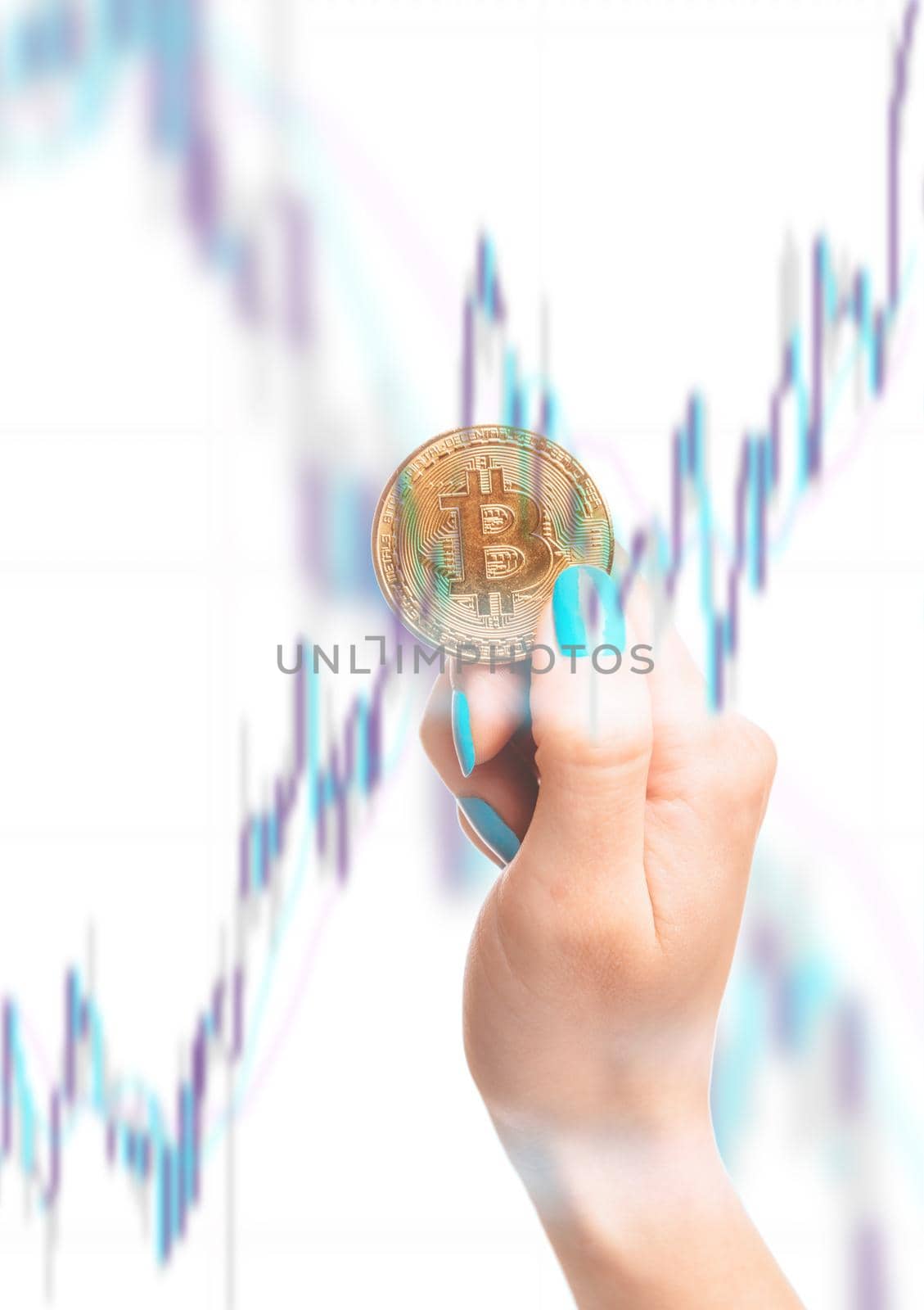 Multiexposure of female hand holding bitcoin and infographic. Cryptocurrency or virtual money.