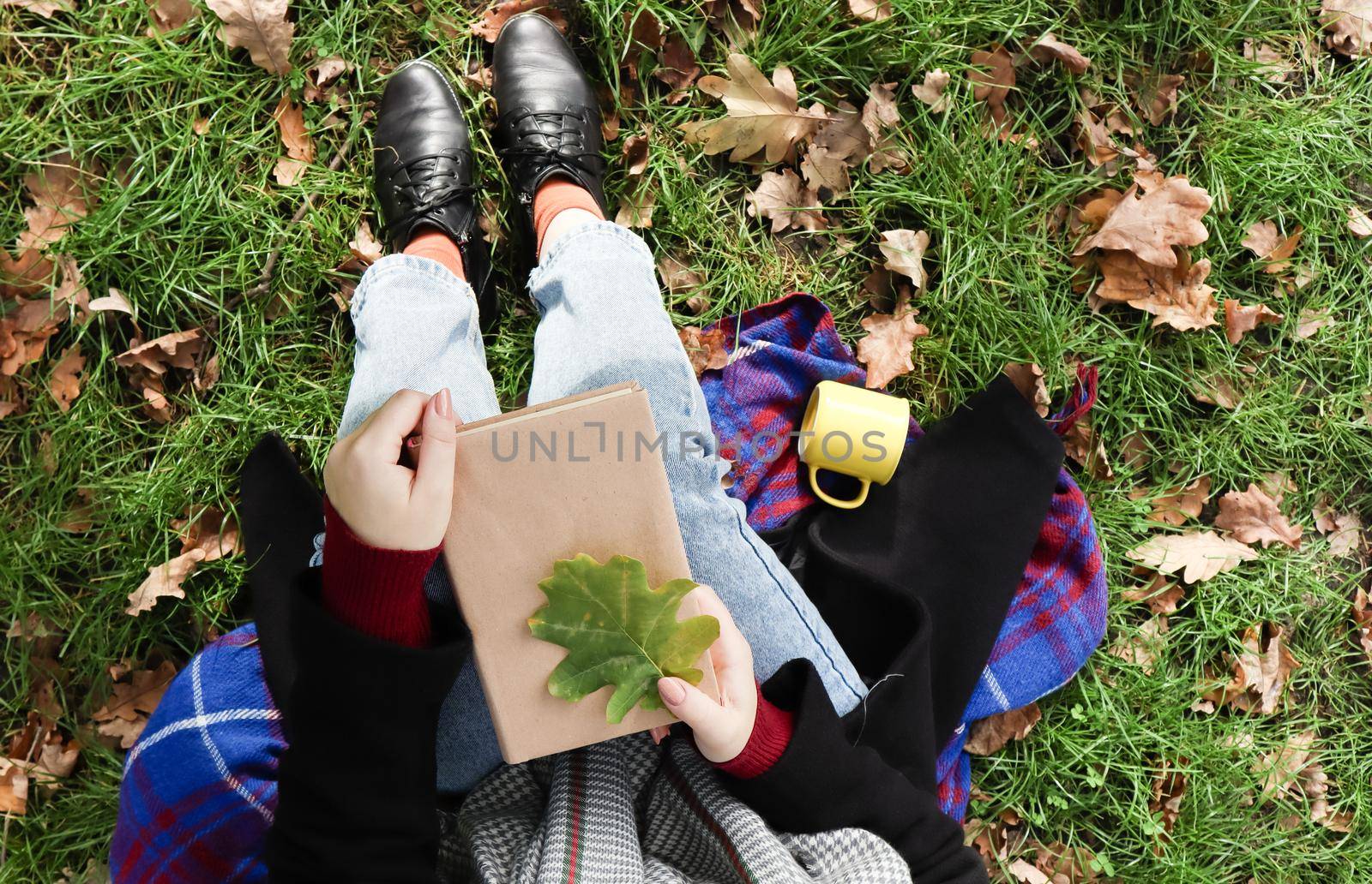 A woman holds a closed book lying on her lap with a fallen oak leaf in a park on a sunny warm autumn day on a green meadow. The concept of relaxation, reading and relaxation alone. Top view, flat lay. by Roshchyn