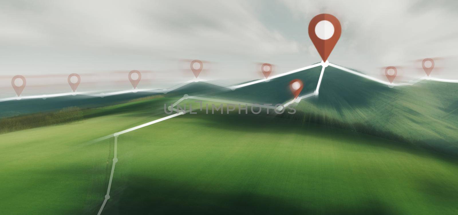 Mountain summer landscape with abstract connected location pins and track. Navigation concept. Image with moving fast and motion blur effect.
