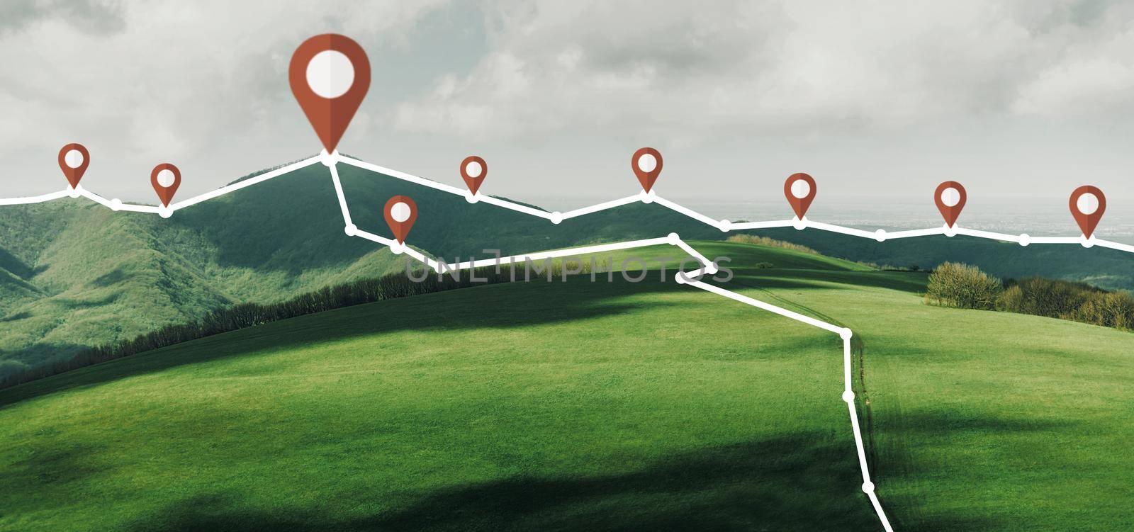 Mountain summer landscape with abstract connected location pins and track. Navigation concept.