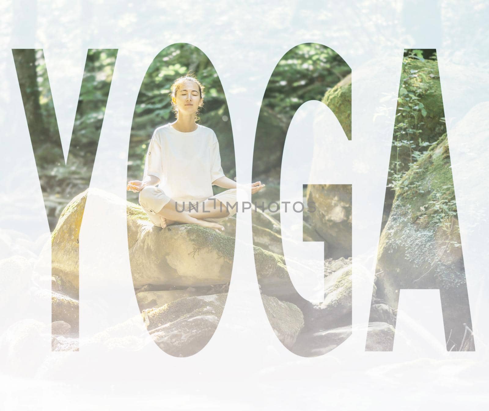Double exposure of young woman meditating with closed eyes in pose of lotus on stone in forest with word yoga.