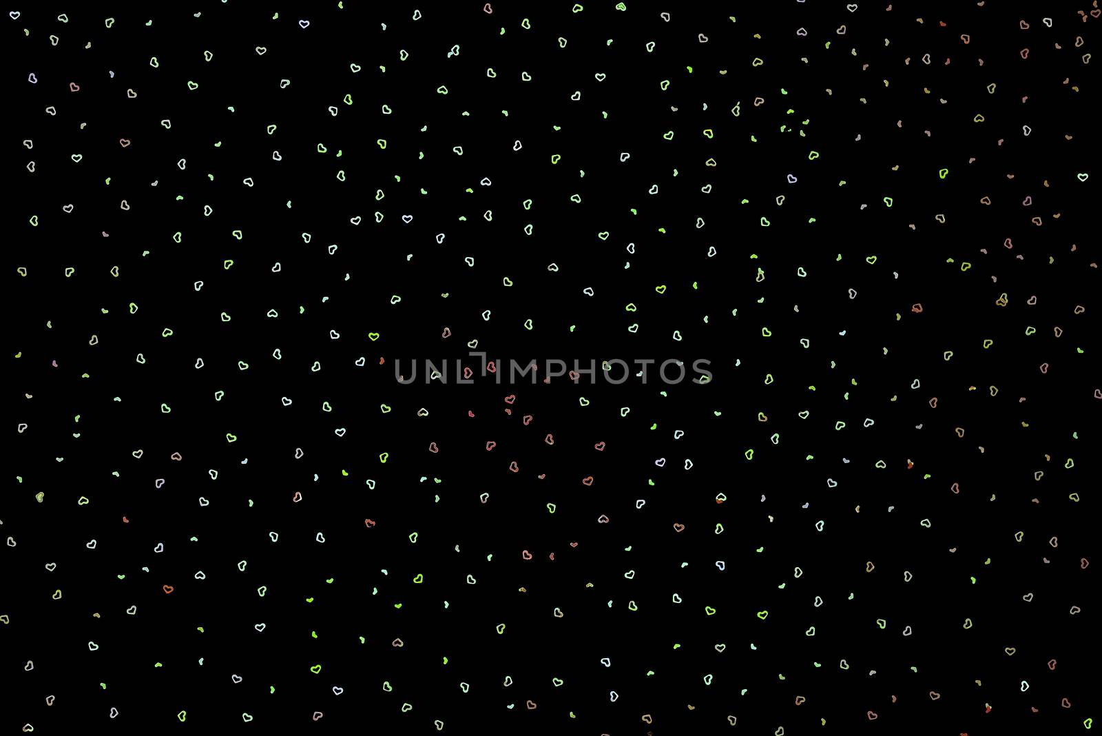 Neon multi-colored sparkles in form of heart on dark black background. Festive background for wallpaper, wrapping, backdrop, print or banner. Flat lay style.