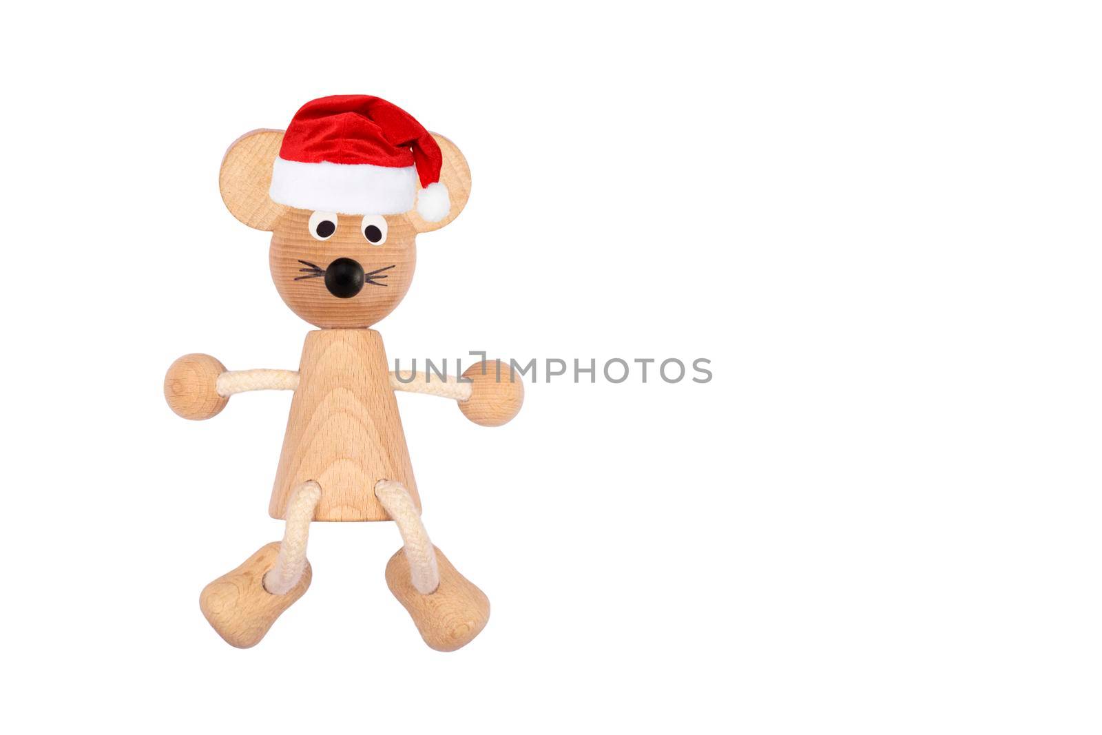 Funny toy mouse or rat on a white background. Wooden Toy mouse in red santa claus christmas hat full length. Toy mouse close up.