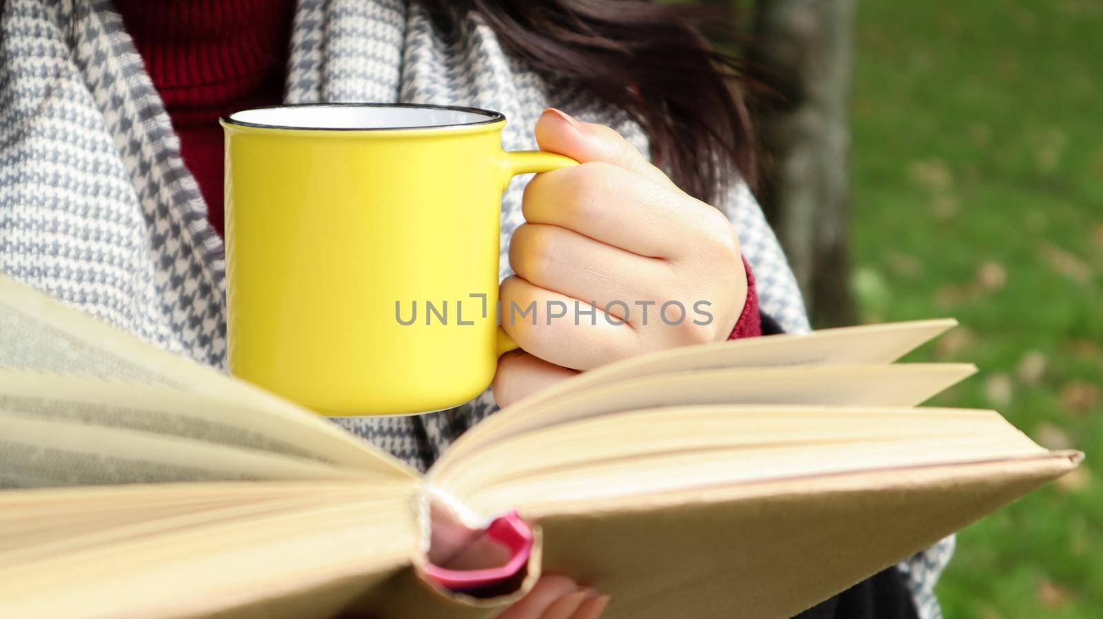 A girl dressed in a coat and a scarf in the autumn forest holds a book and a cup with a hot drink in her hands close-up in a city park on a warm day. The concept of reading, relaxation and comfort. by Roshchyn