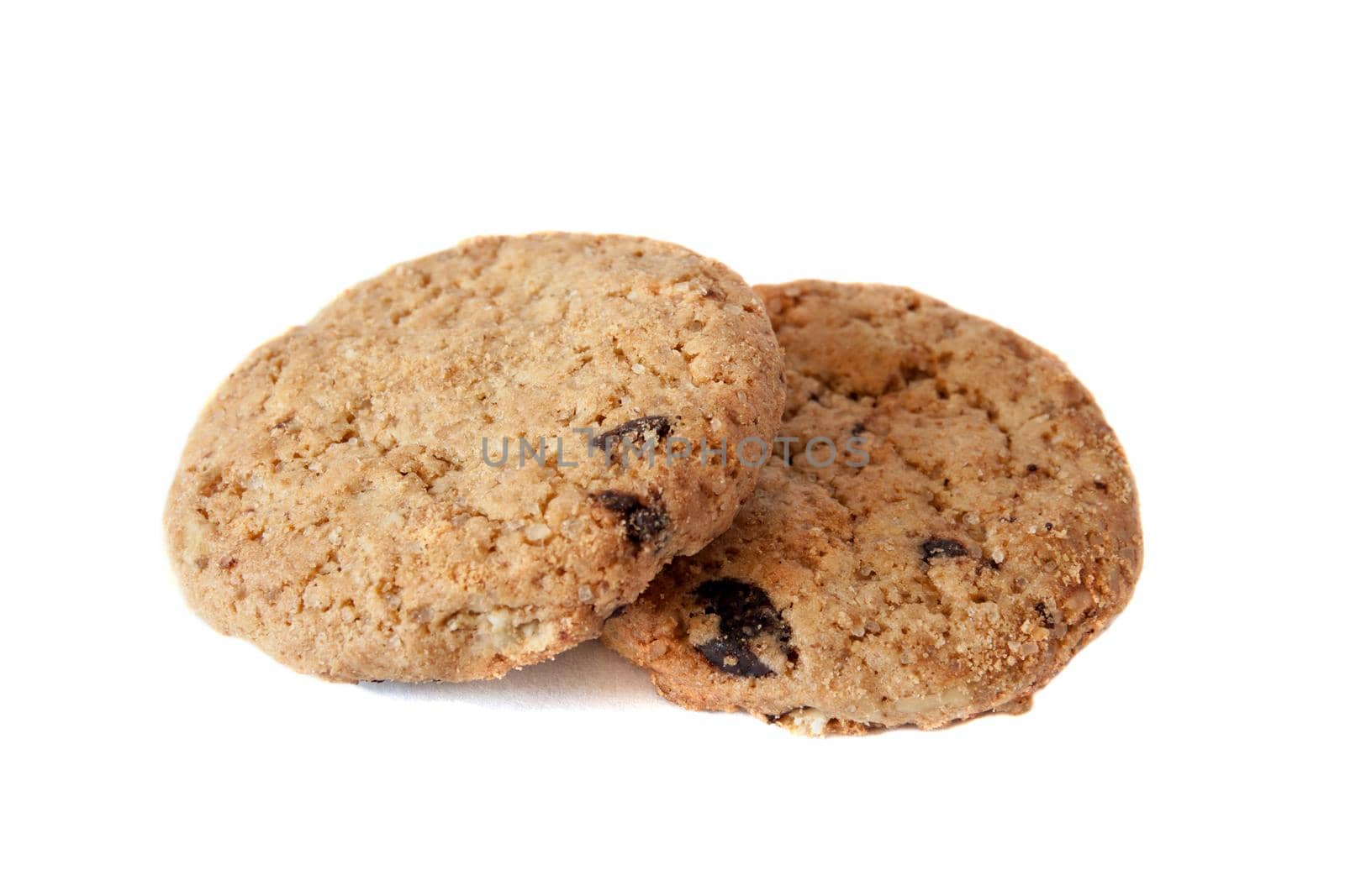 Two chocolate chip cookies isolated on white background.
