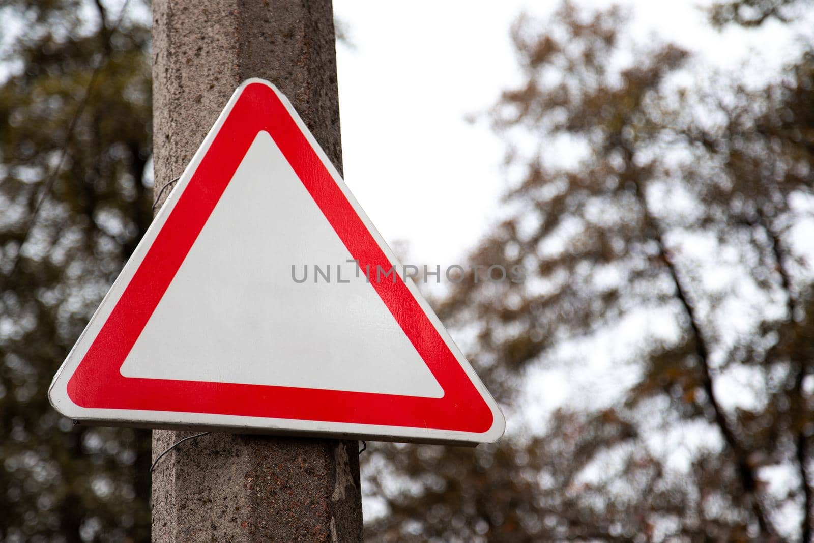 Empty red triangle road sign with not text and sign on the street and green trees in the background. by lunarts