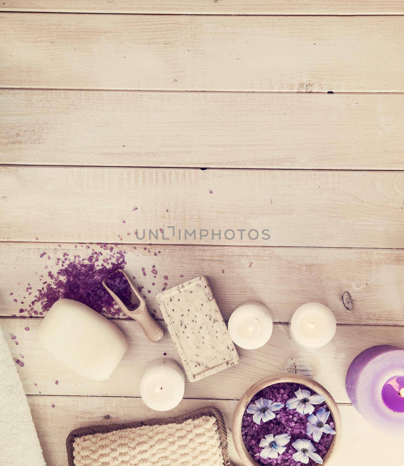 Composition of spa treatment on the white wooden table