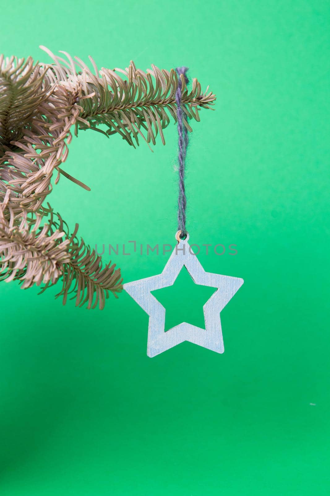 Christmas tree toy in the shape of a star hanging on a decorative spruce branch on a green background