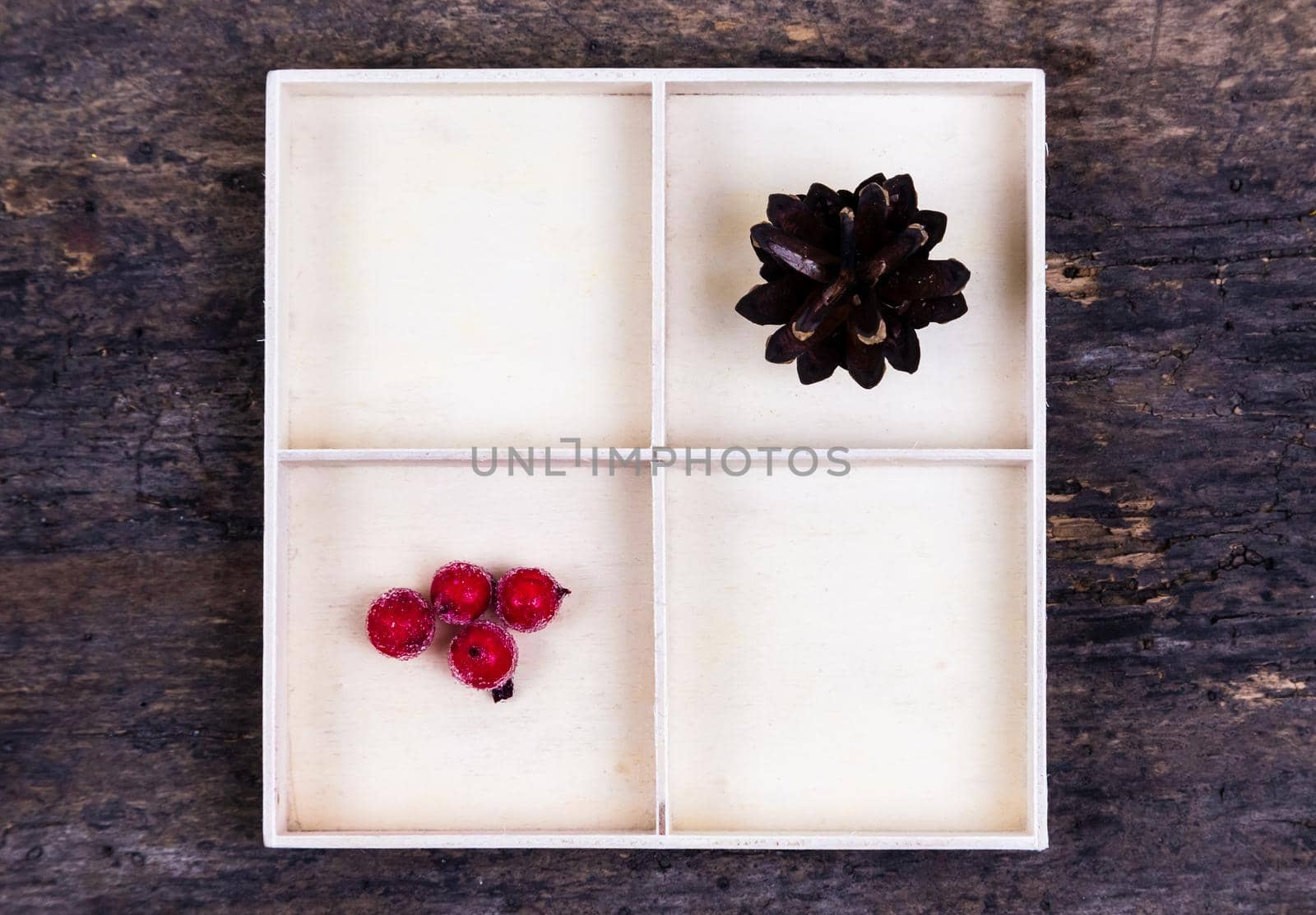 A white box with compartments on a wooden background filled with tree cone and rowan berries.