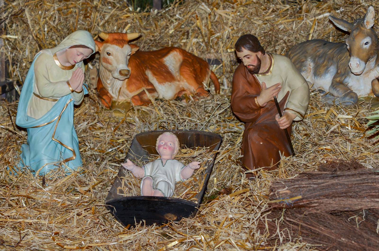 Creche with small Jesus Joseph and Mary