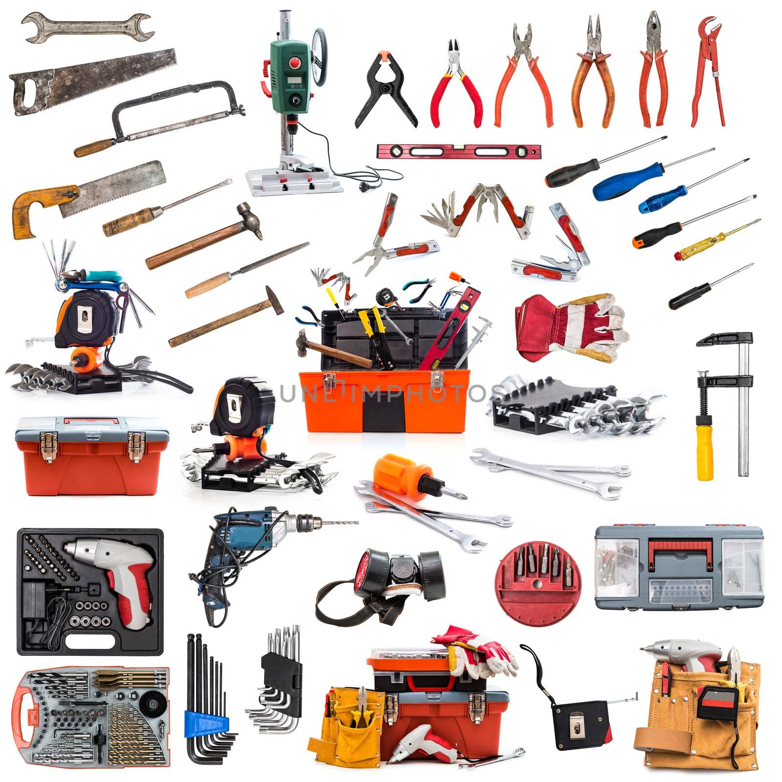collage with ariety of building tools isolated on white background