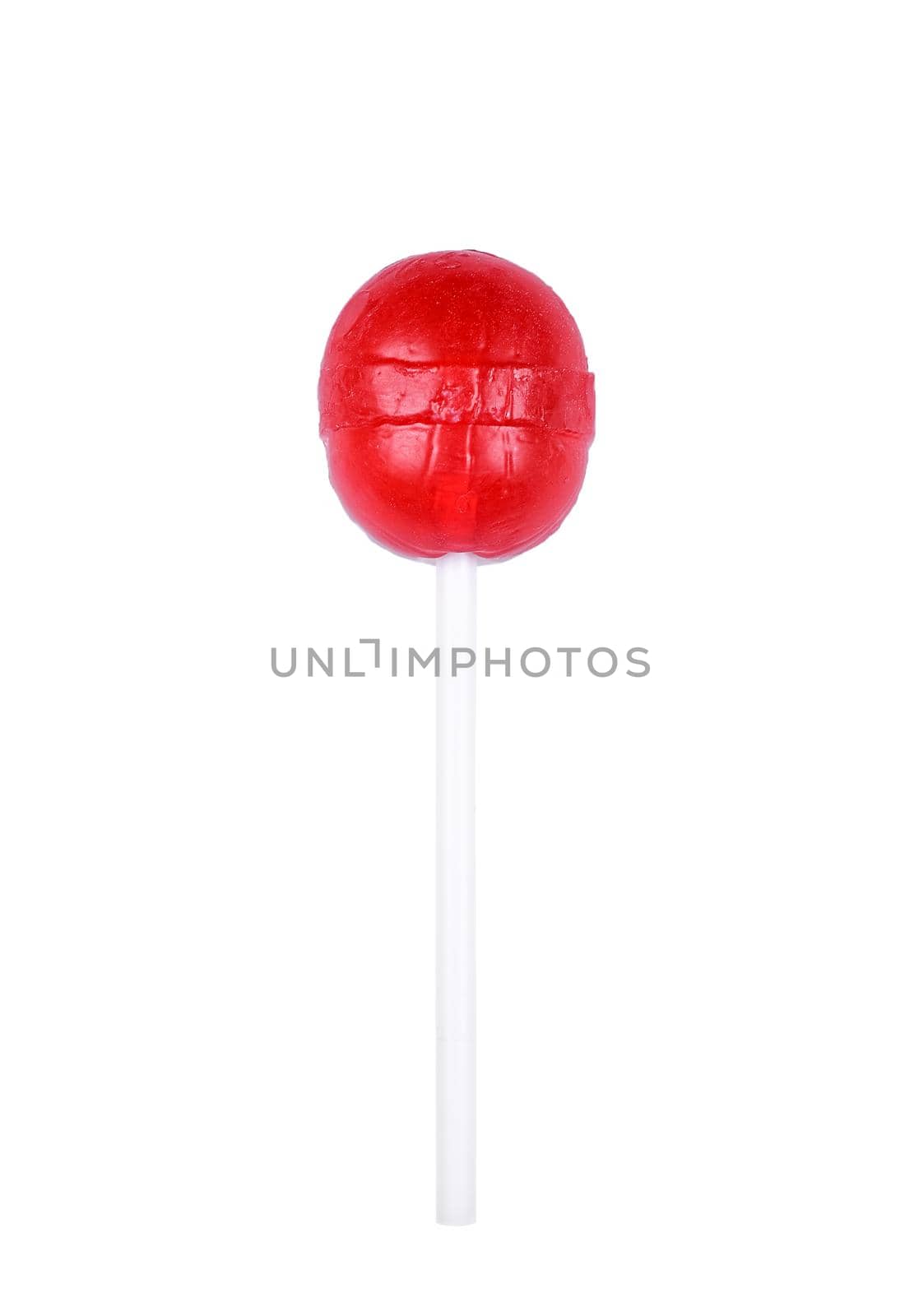 Red round lolipop isolated on white. Sweet sugar candy