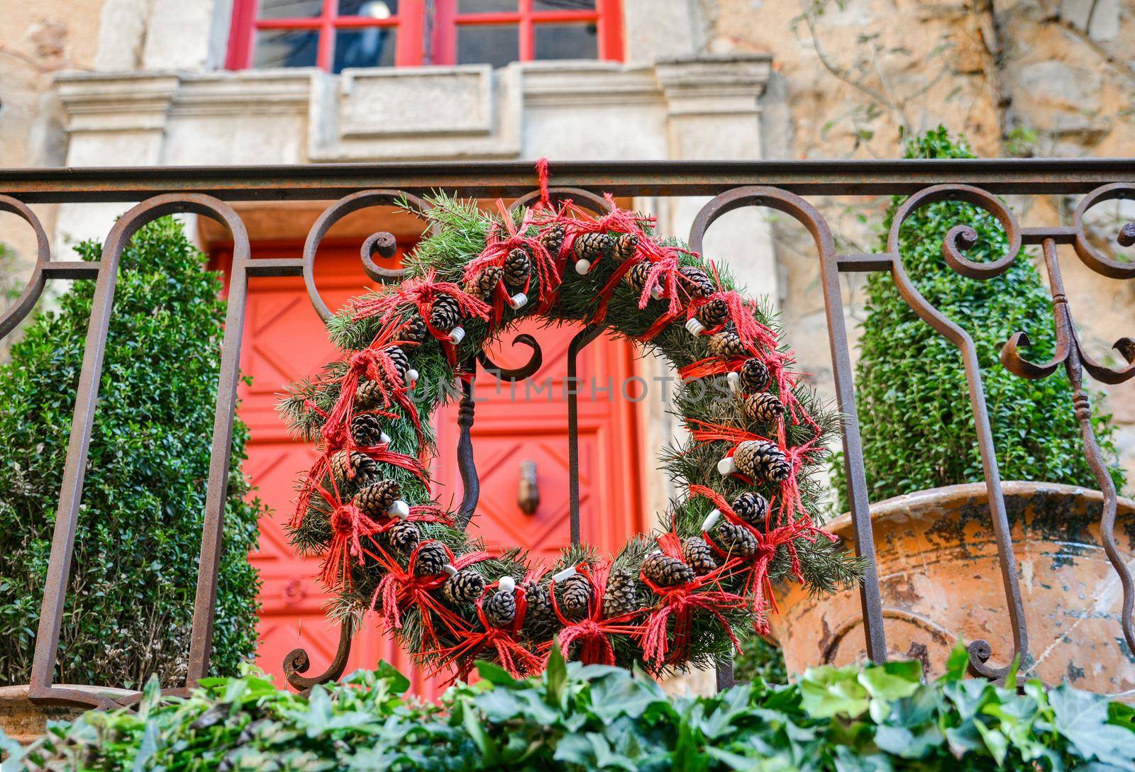 Christmas wreath of Christmas tree branches and cones
