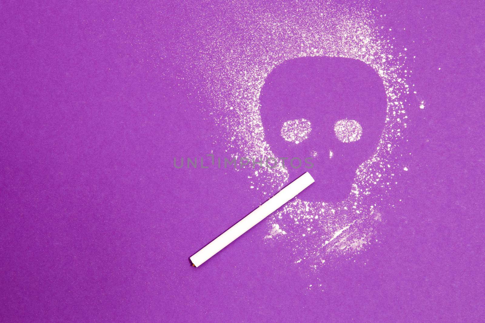 silhouette of a skull with a cigarette on a purple background, copy space, top view, harm of smoking concept by natashko