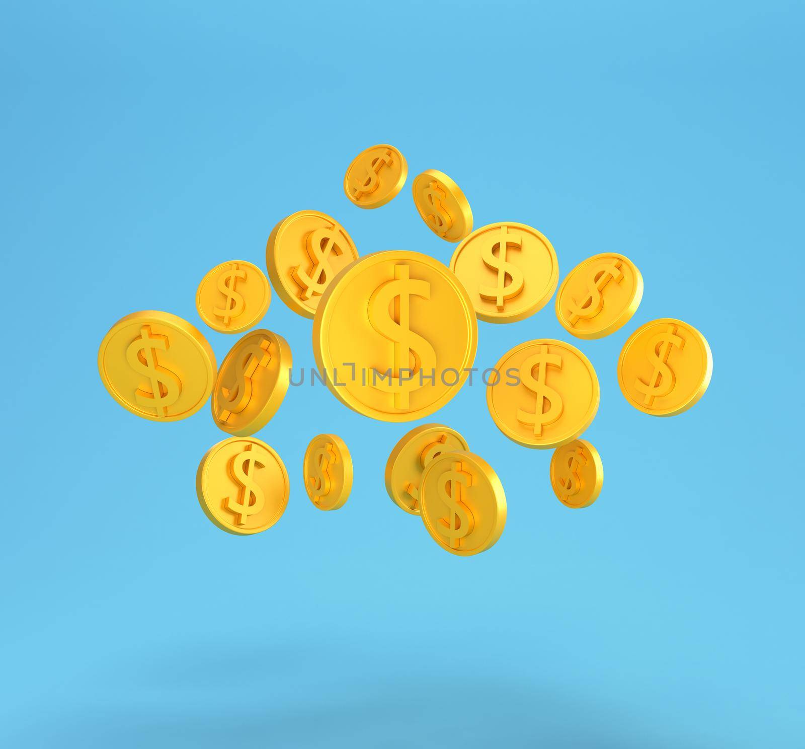 Golden dollar coins falling isolated on blue. minimal US dollar coins. Bank and investment concept. 3d render