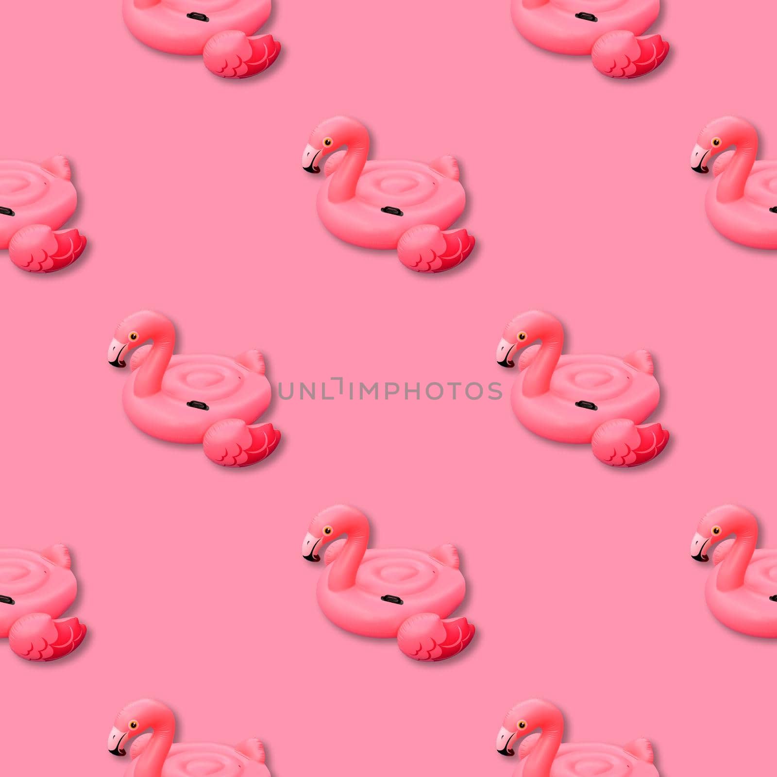 Pink flamingo monochrome background. Swimming pool toy in shape of pink flamingo seamless pattern. Flamingo inflatable cut out. Top view, flat lay. by esvetleishaya