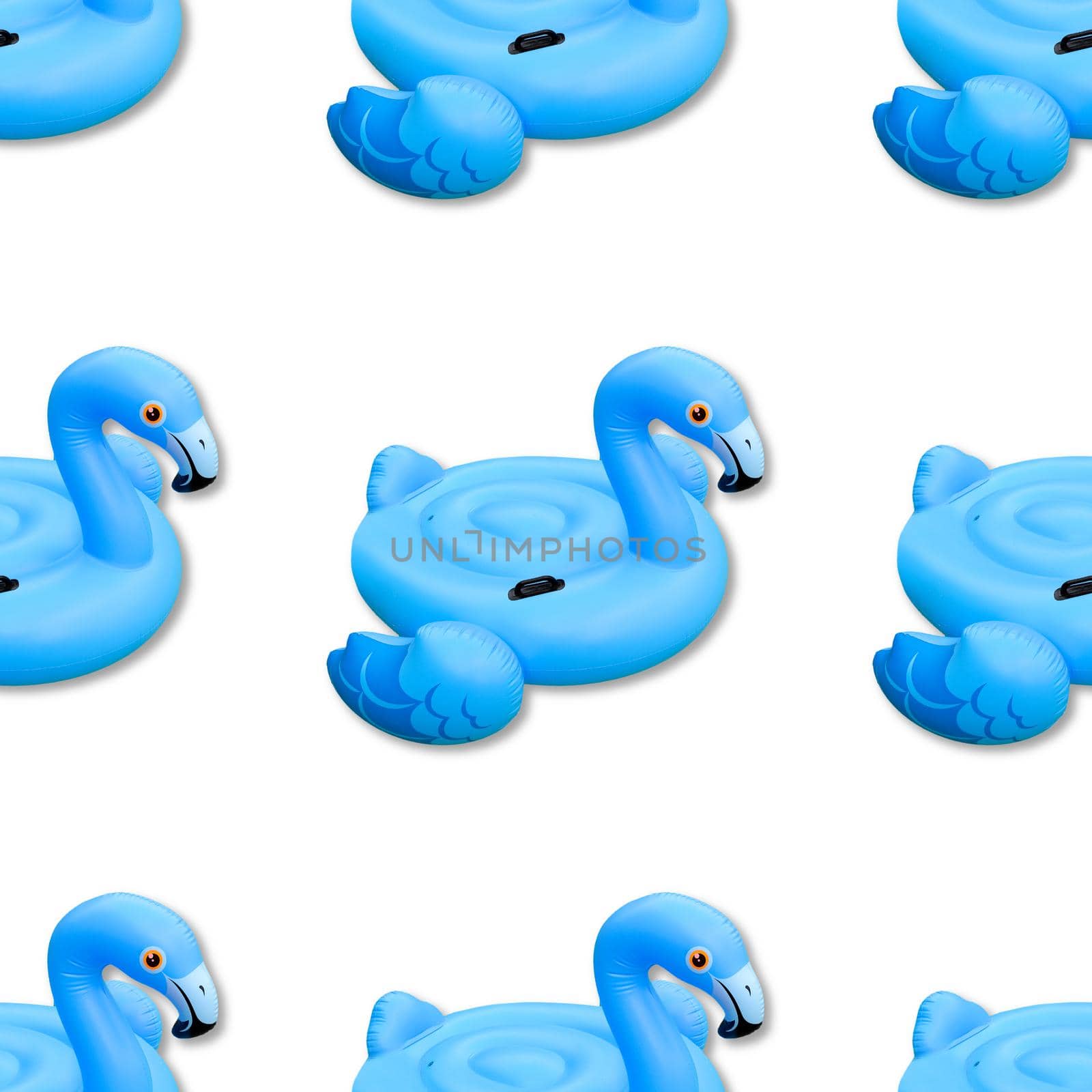 Blue flamingo isolated on background. Swimming pool toy in shape of blue flamingo seamless pattern. Flamingo inflatable cut out. Top view, flat lay.