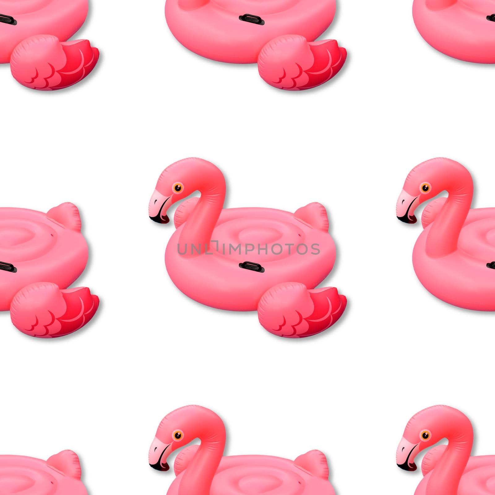 Pink flamingo background. Swimming pool toy in shape of pink flamingo seamless pattern. Flamingo inflatable cut out. Top view, flat lay.