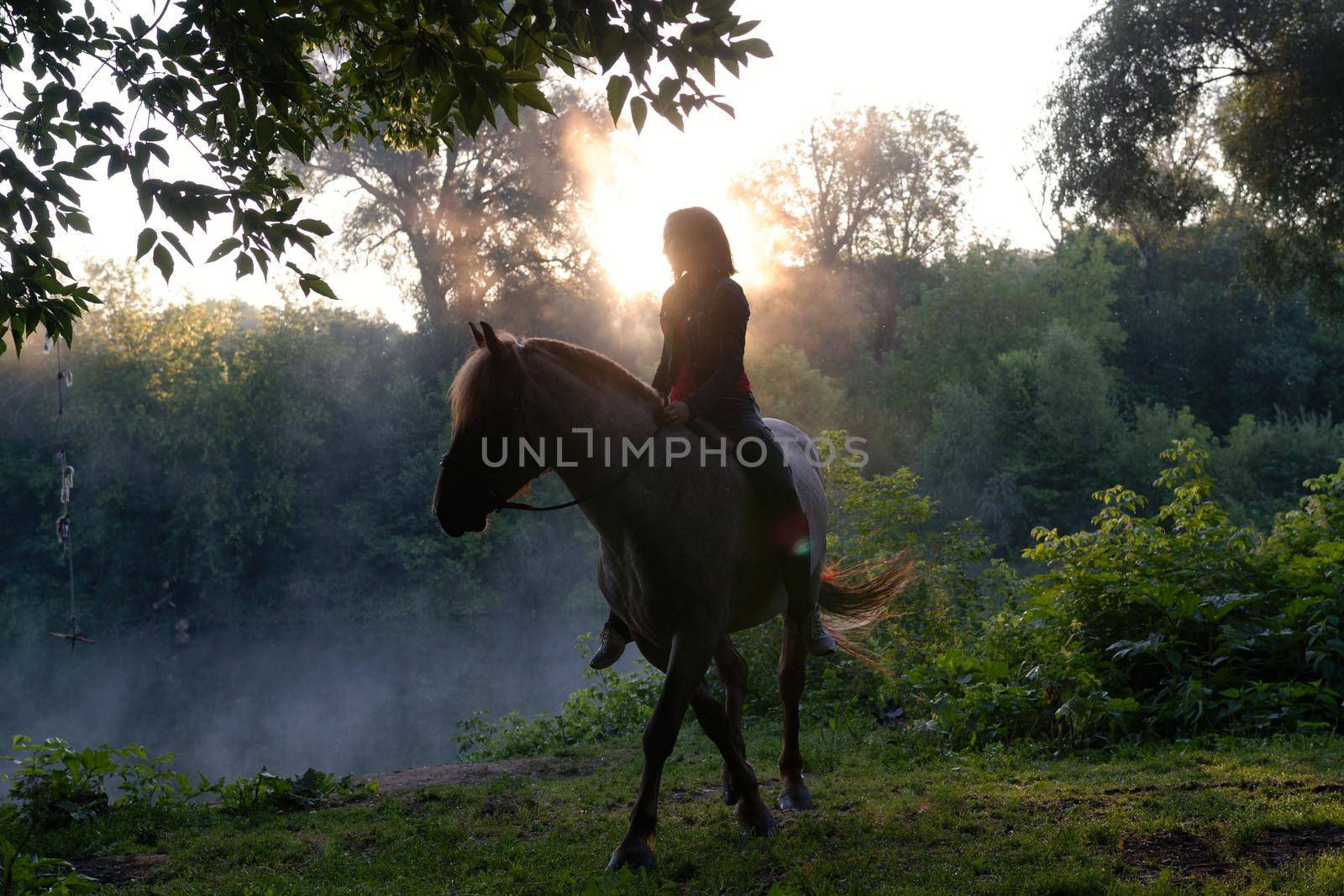 Young woman riding a horse on a beautiful landscape. Clear lake at morning fog. Sunrise Wide shot