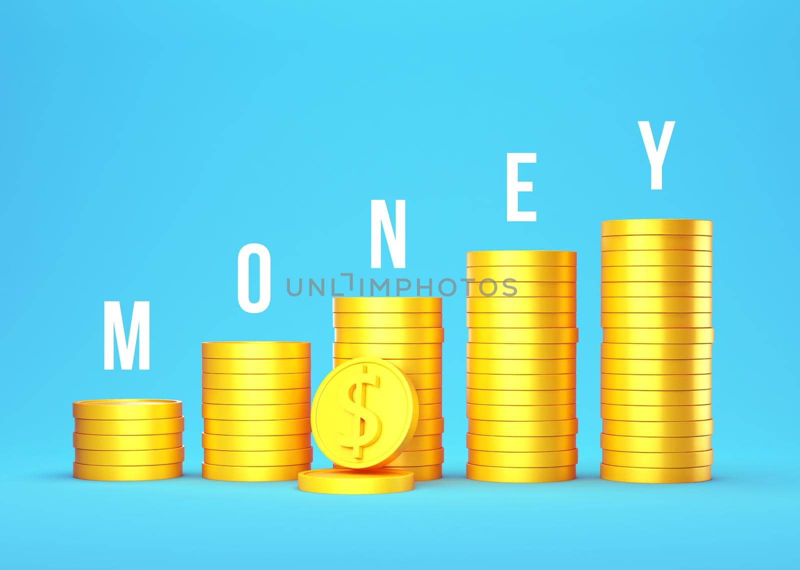 3D Gold Coins Stack on blue background with text money, Dollar coins icon for web banner, and mobile application 3D render illustration.