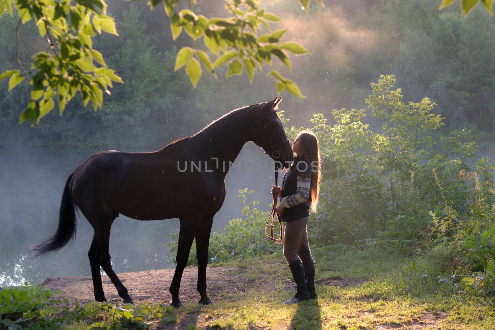 Young woman with her brown horse on a beautiful landscape. Clear lake at morning fog. Sunrise. Wide shot