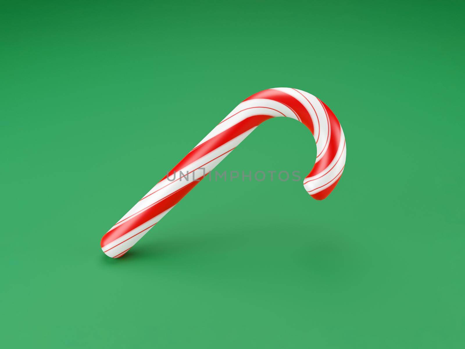 Merry Christmas canes, lollipop mint candy with red stripes on green background. New Years celebration concept. Traditional sweet dessert. 3d render by lunarts