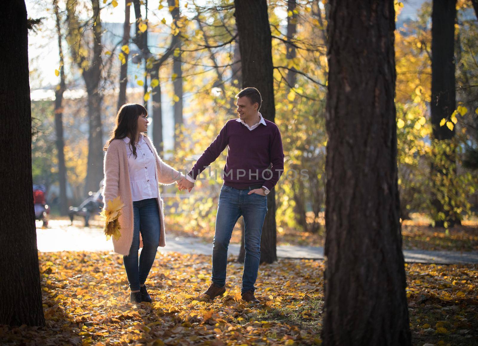 Loving couple walking and holding leaves in the autumn park by Studia72