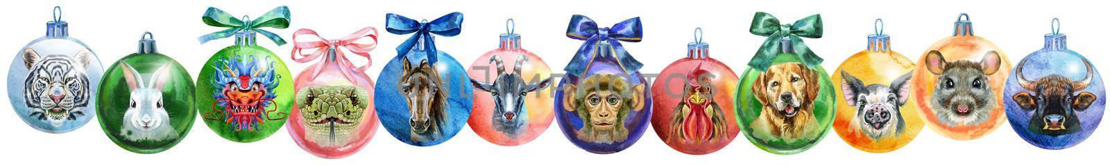 Watercolor illustration Christmas balls with twelve animals chinese zodiac