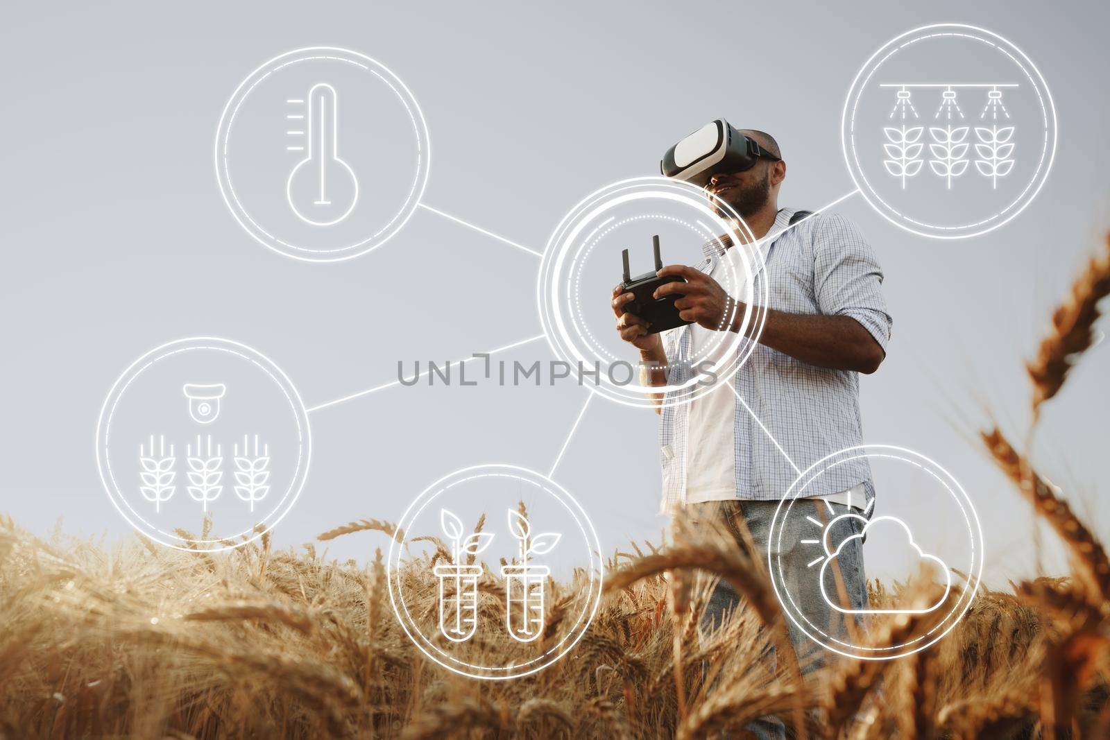 Man farmer standing in wheat field and controlling drone close up. Technologies in agriculture concept