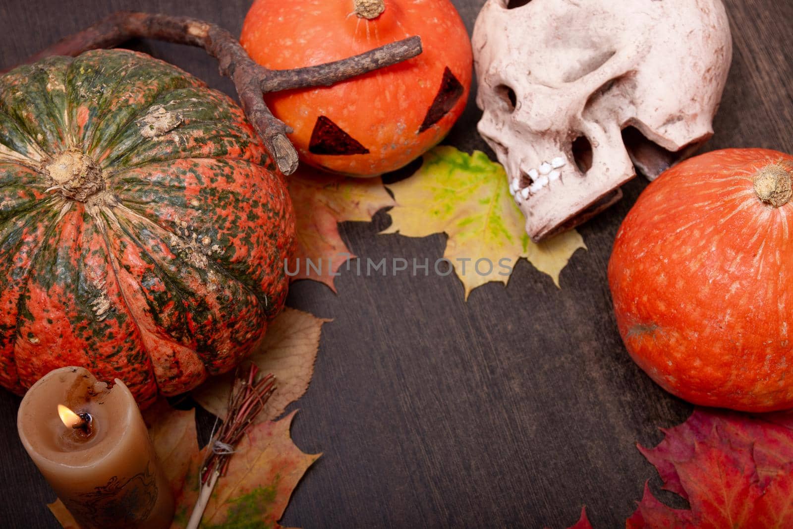 ceramic skull, candle, decorative broom and halloween pumpkins on a dark brown table background, autumn leaves and cones, copy space, top view by natashko