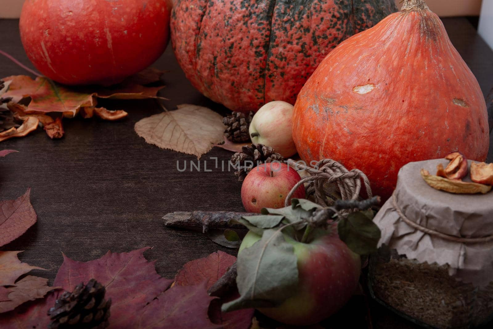 autumn mood, pumpkins, leaves, apples and dried fruits on a dark brown wooden table, copy space, top view by natashko