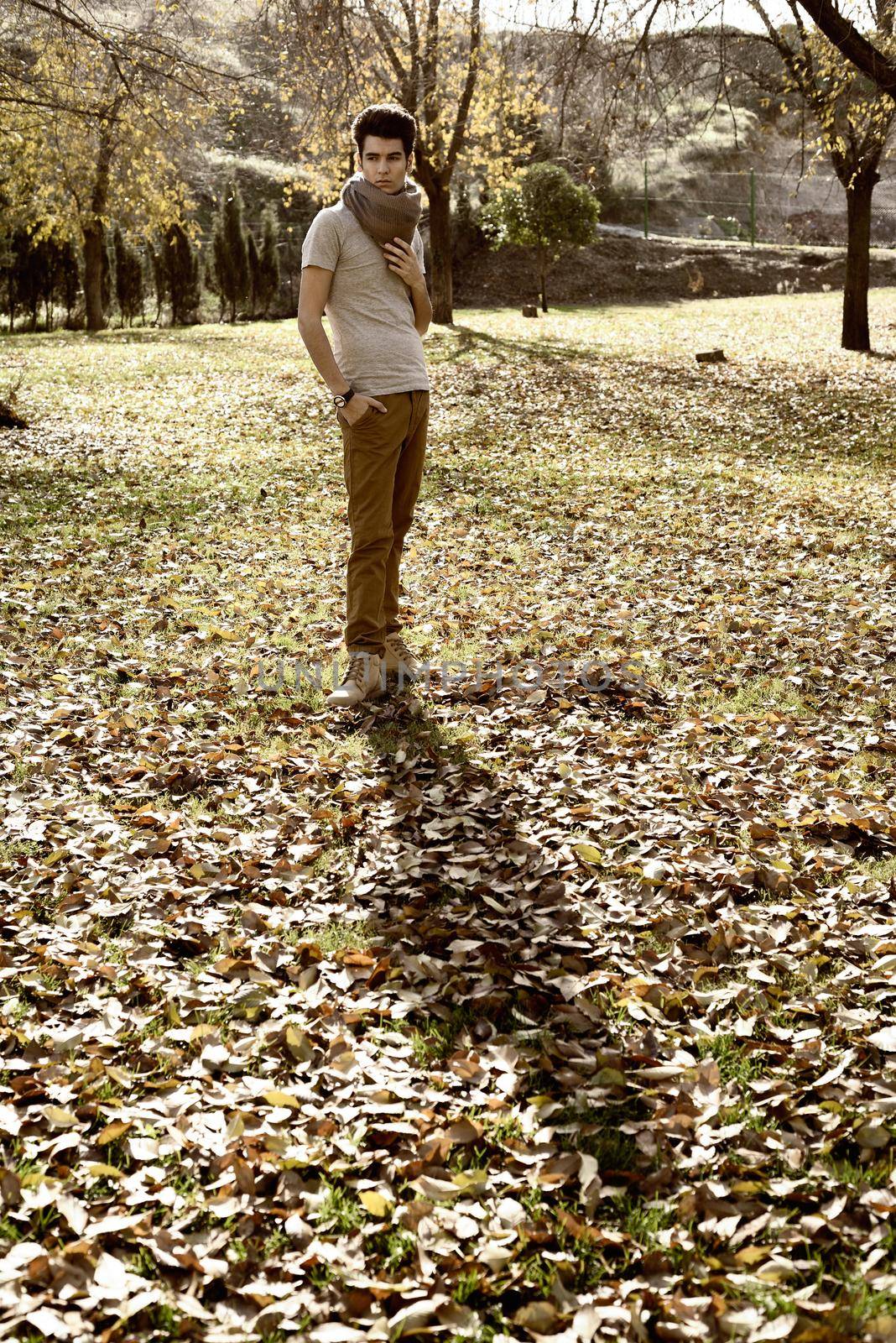 Portrait of a young handsome man, model of fashion, with modern hairstyle in the park