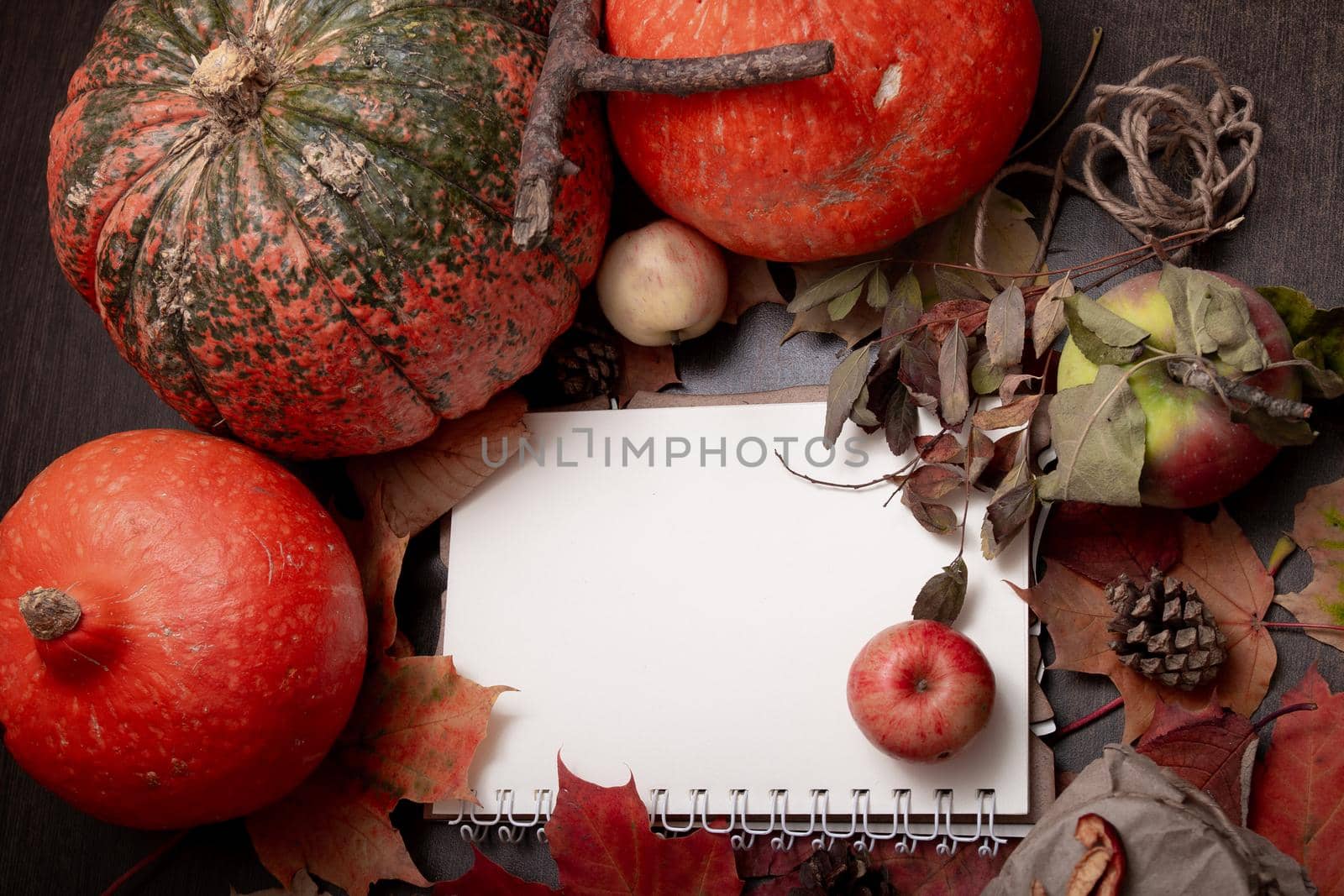 cones, candle, autumn fruits and vegetables on a dark background with notepad, copy space, theme of health and seasonal colds